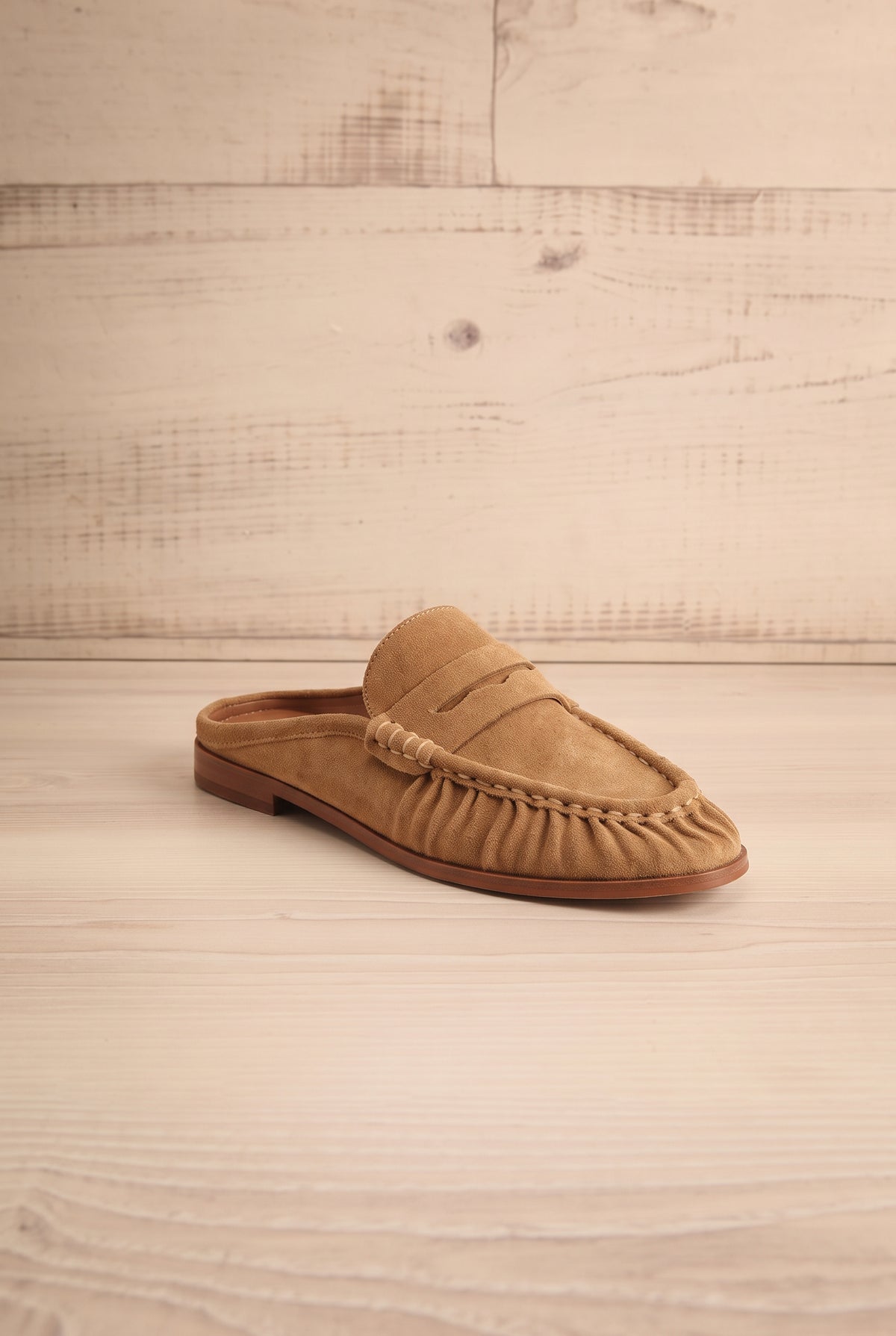 front view of Betzy Brown Suede Slip-On Loafers at La petite garçonne