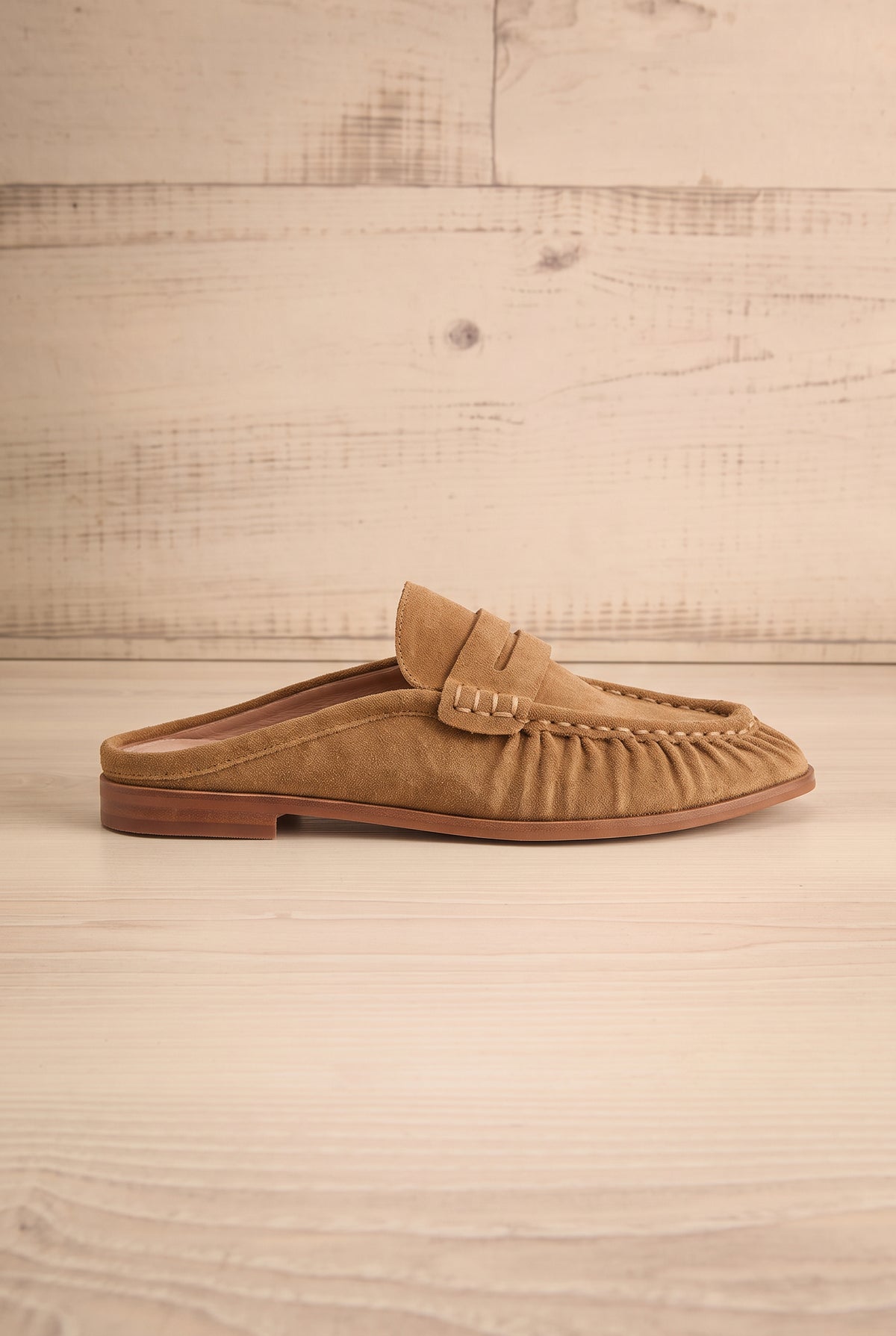 side view of Betzy Brown Suede Slip-On Loafers at La petite garçonne