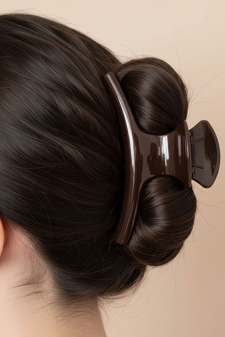 Large Hair clip Biscuit Brown holding up a bun with dark hair against a beige background