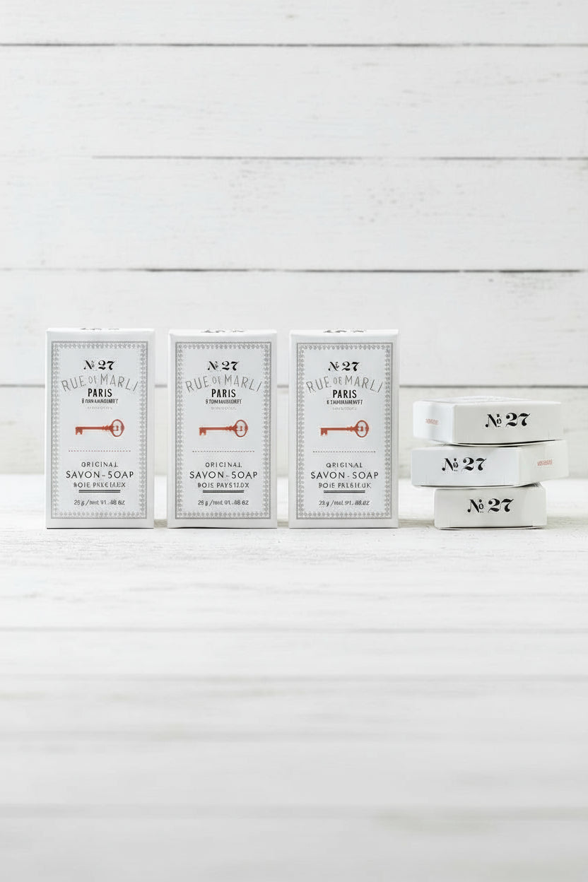 Gift Set of soap bars Rue de Marli and packaging on a white background