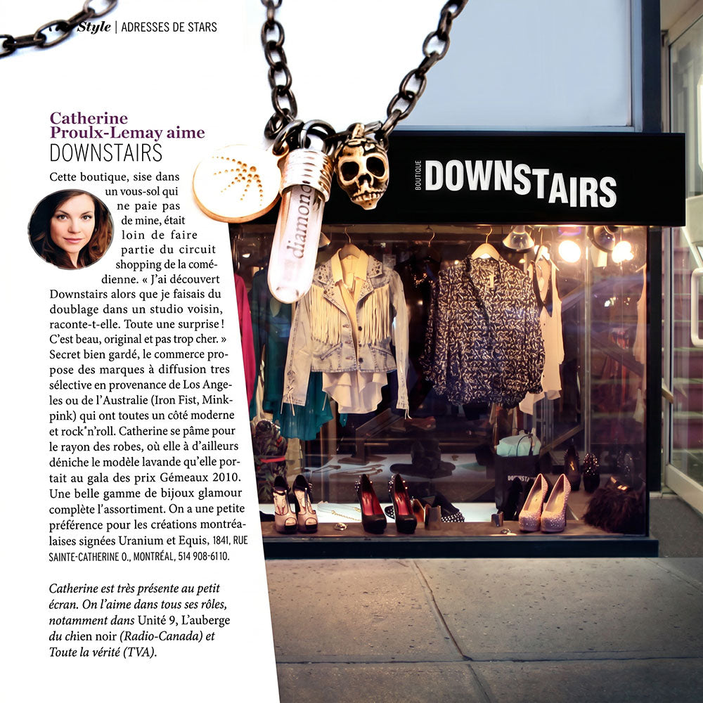 Magazine article with a store window display featuring clothing from boutique downstairs