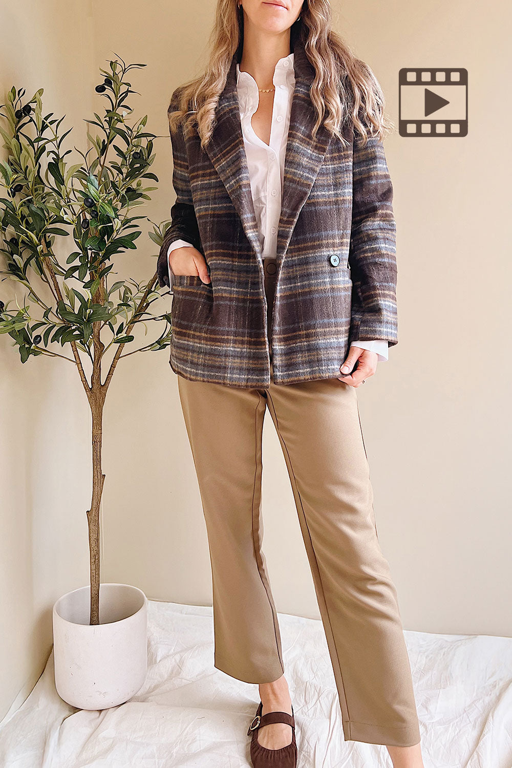 Woman wearing Bowen Brown Plaid Fuzzy Blazer Jacket from La petite garçonne