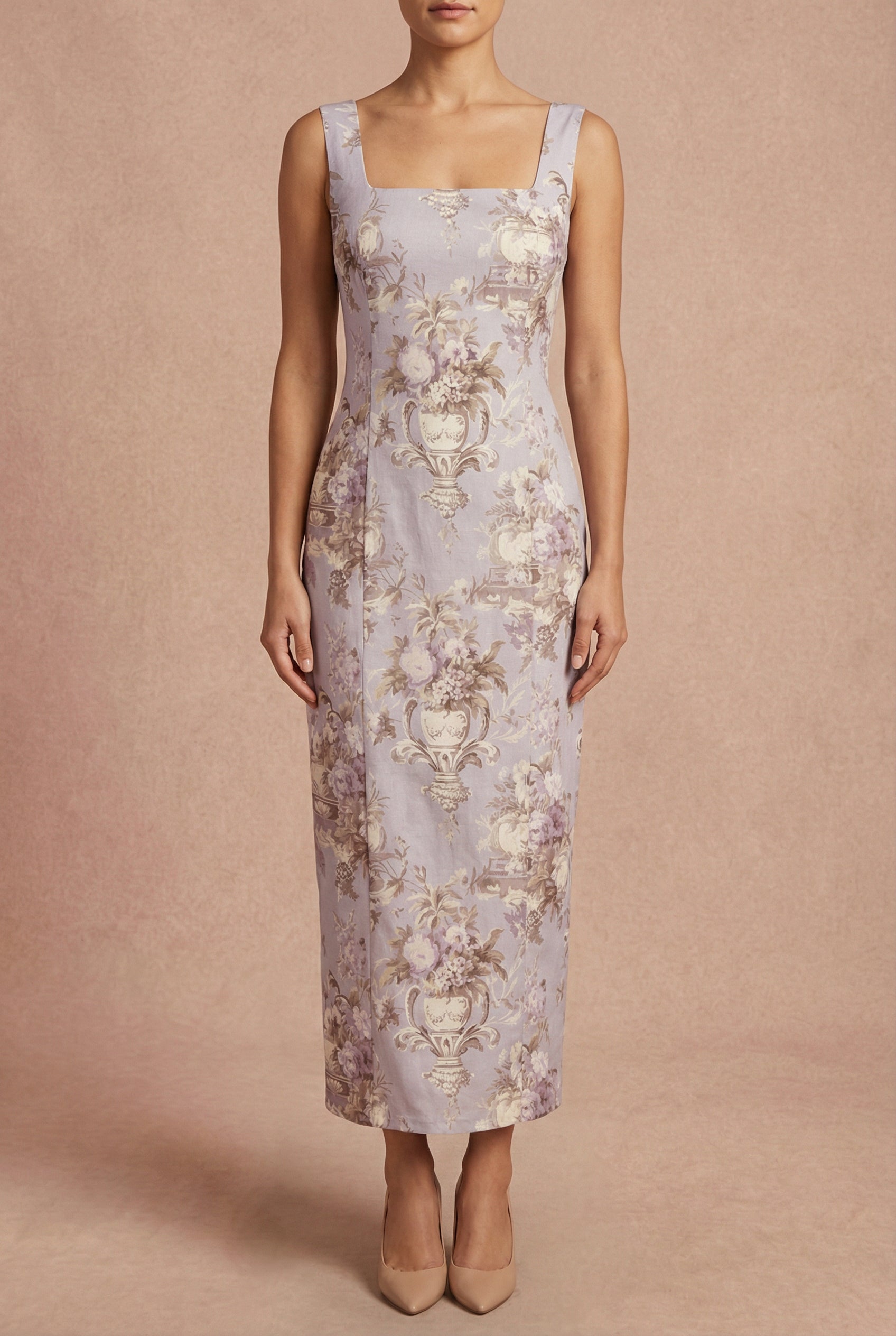 front of woman wearing Bronwyn Straight Lavender Midi Dress with Squared Neckline from Boutique 1861