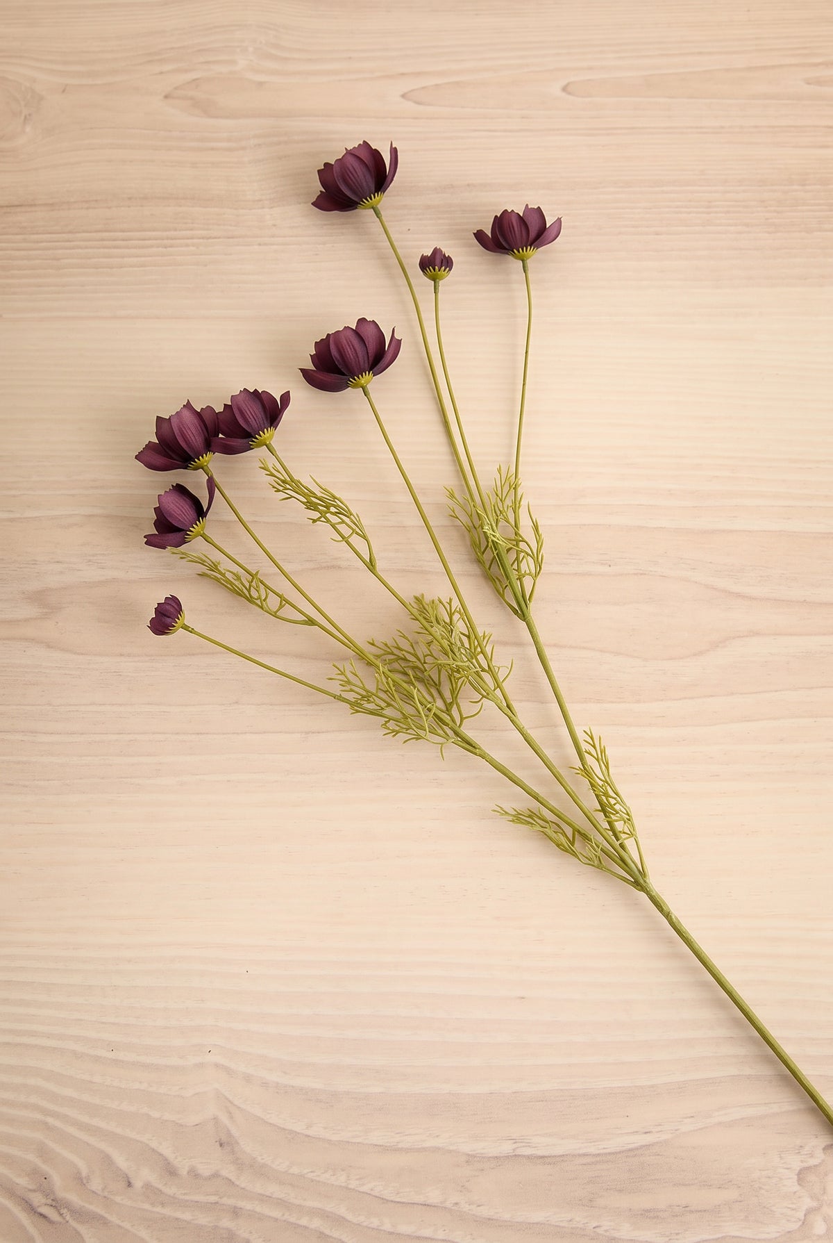 A bouquet of artificial deep purple calliopsis spray flowers with long green stems and feathery foliage, arranged diagonally on a light beige wood-grain surface at la maison garçonne in montreal.