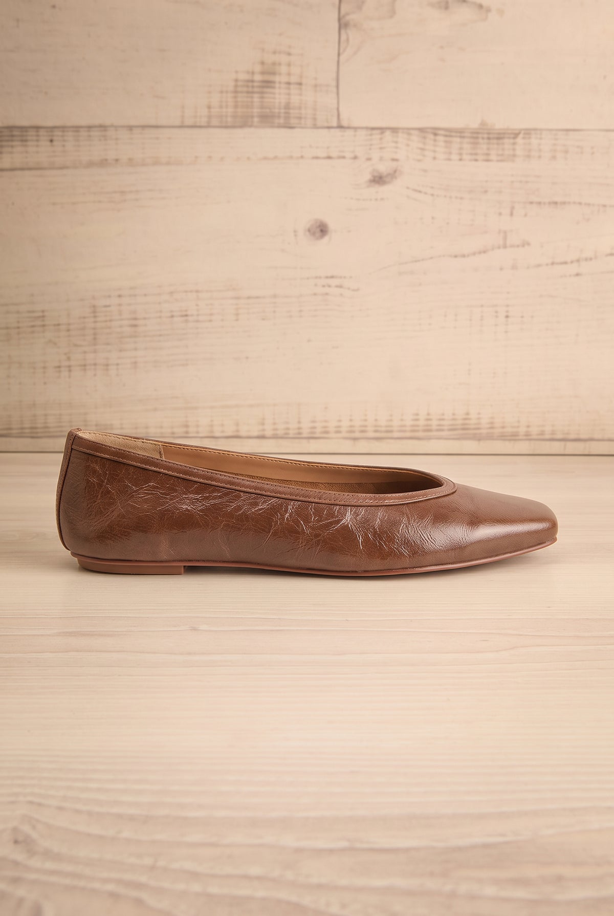 side view of Caret Brown Leather Square Toe Ballet Flats at La petite garçonne