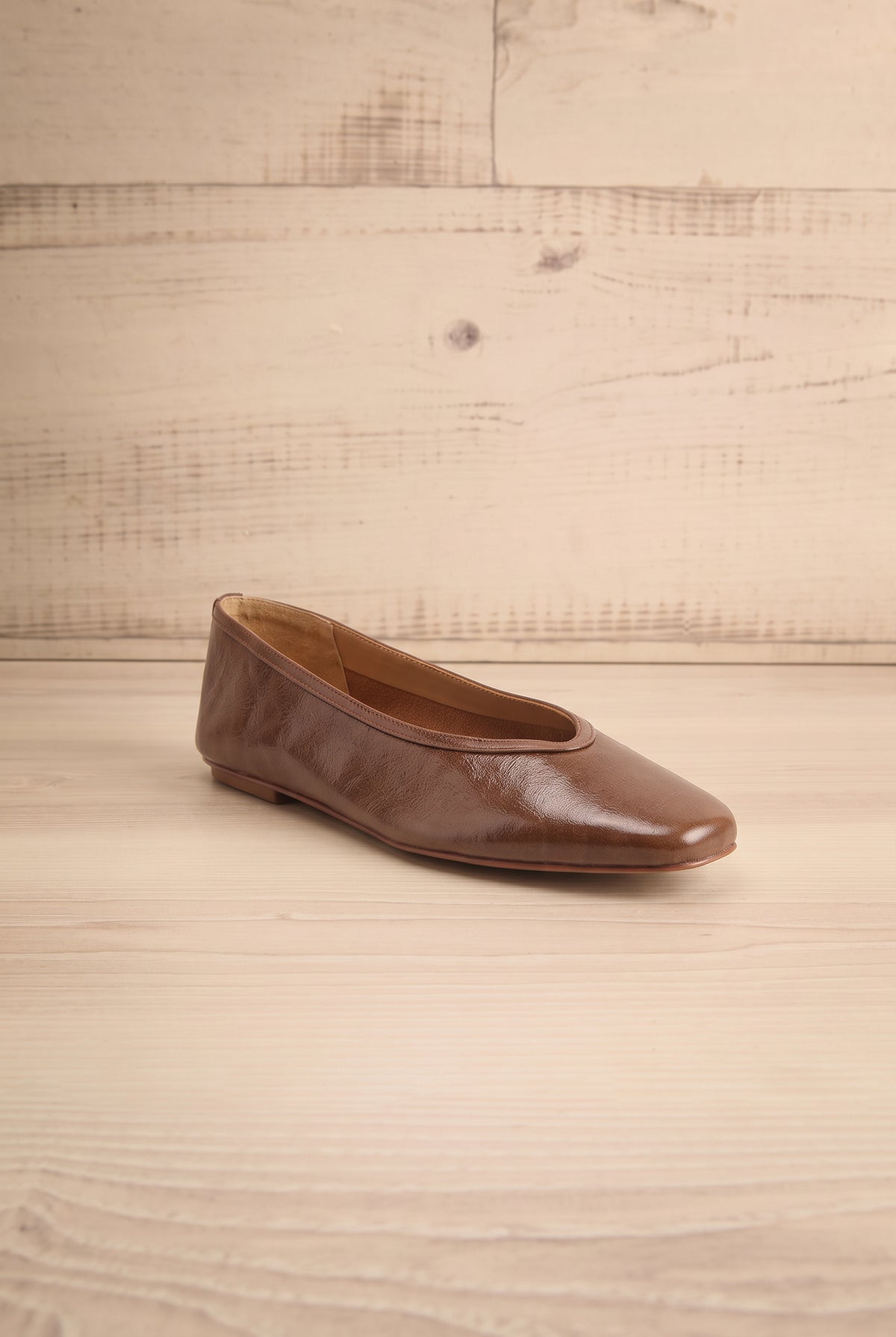 front view of Caret Brown Leather Square Toe Ballet Flats at La petite garçonne