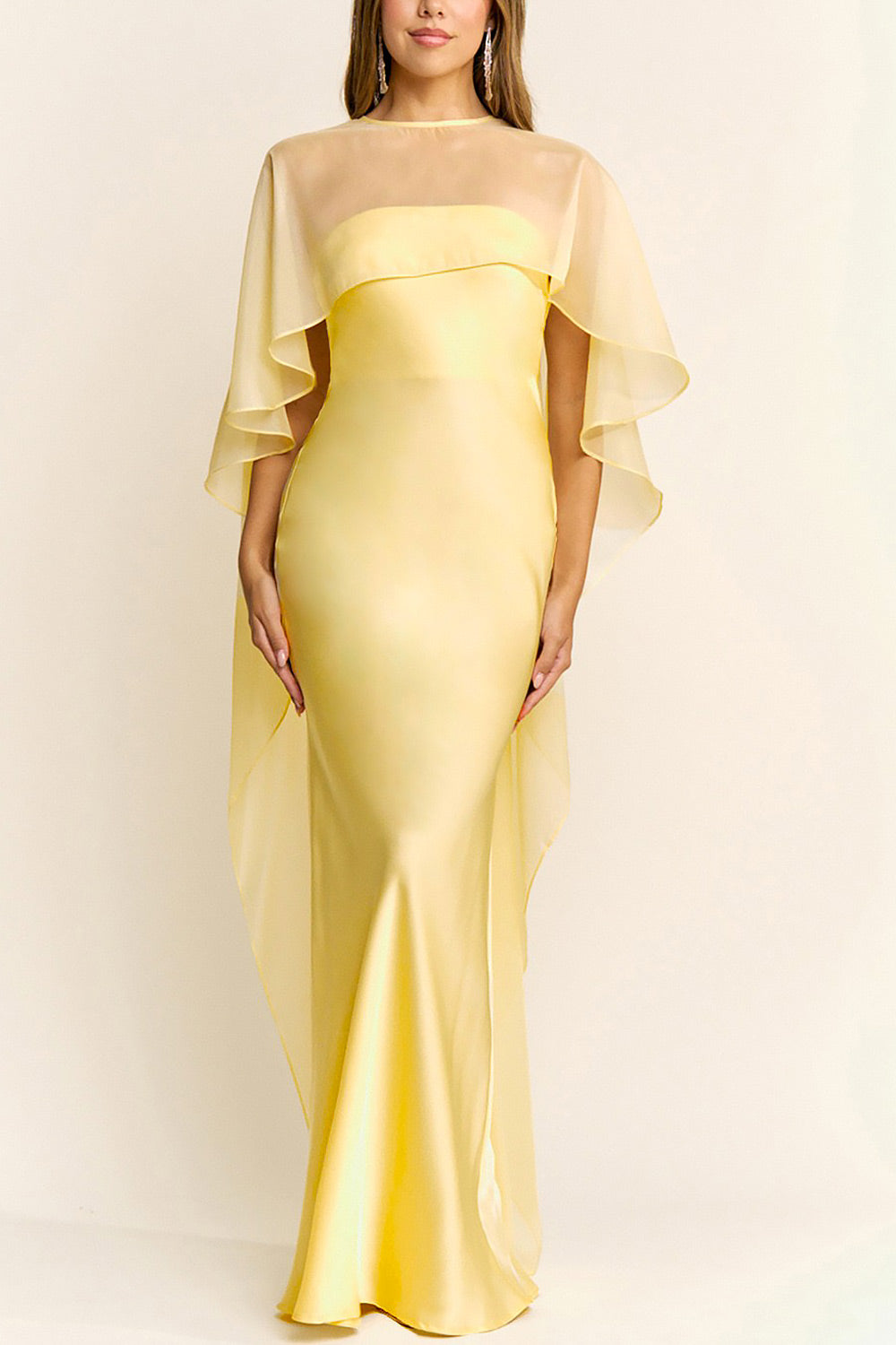 front of a woman wearing Cathleen Light Yellow Fitted Strapless Satin Maxi Dress | Boutique 1861