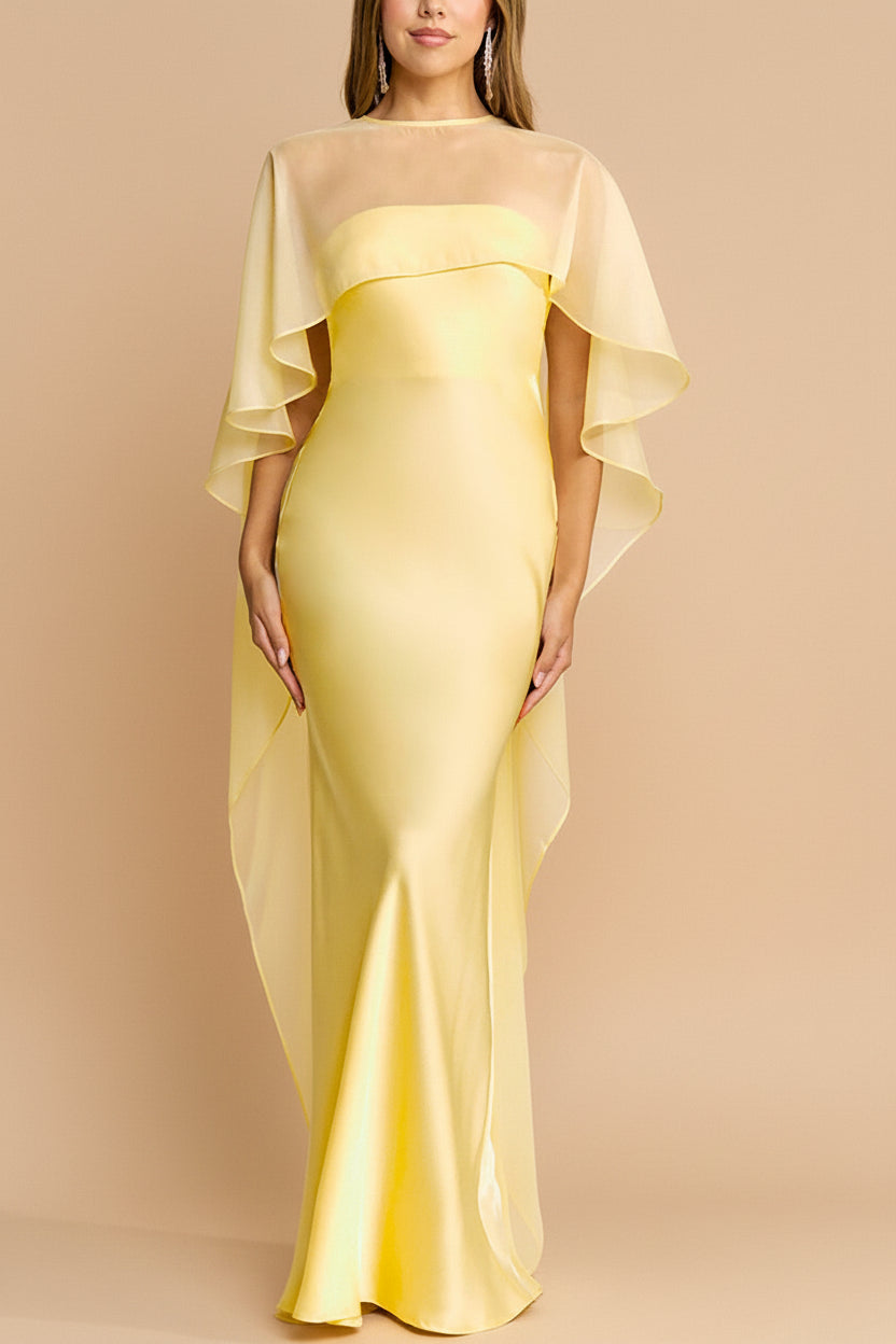 front of a woman wearing Cathleen Light Yellow Fitted Strapless Satin Maxi Dress | Boutique 1861
