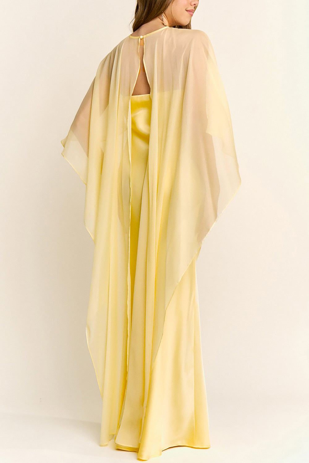 back of a woman wearing Cathleen Light Yellow Fitted Strapless Satin Maxi Dress | Boutique 1861