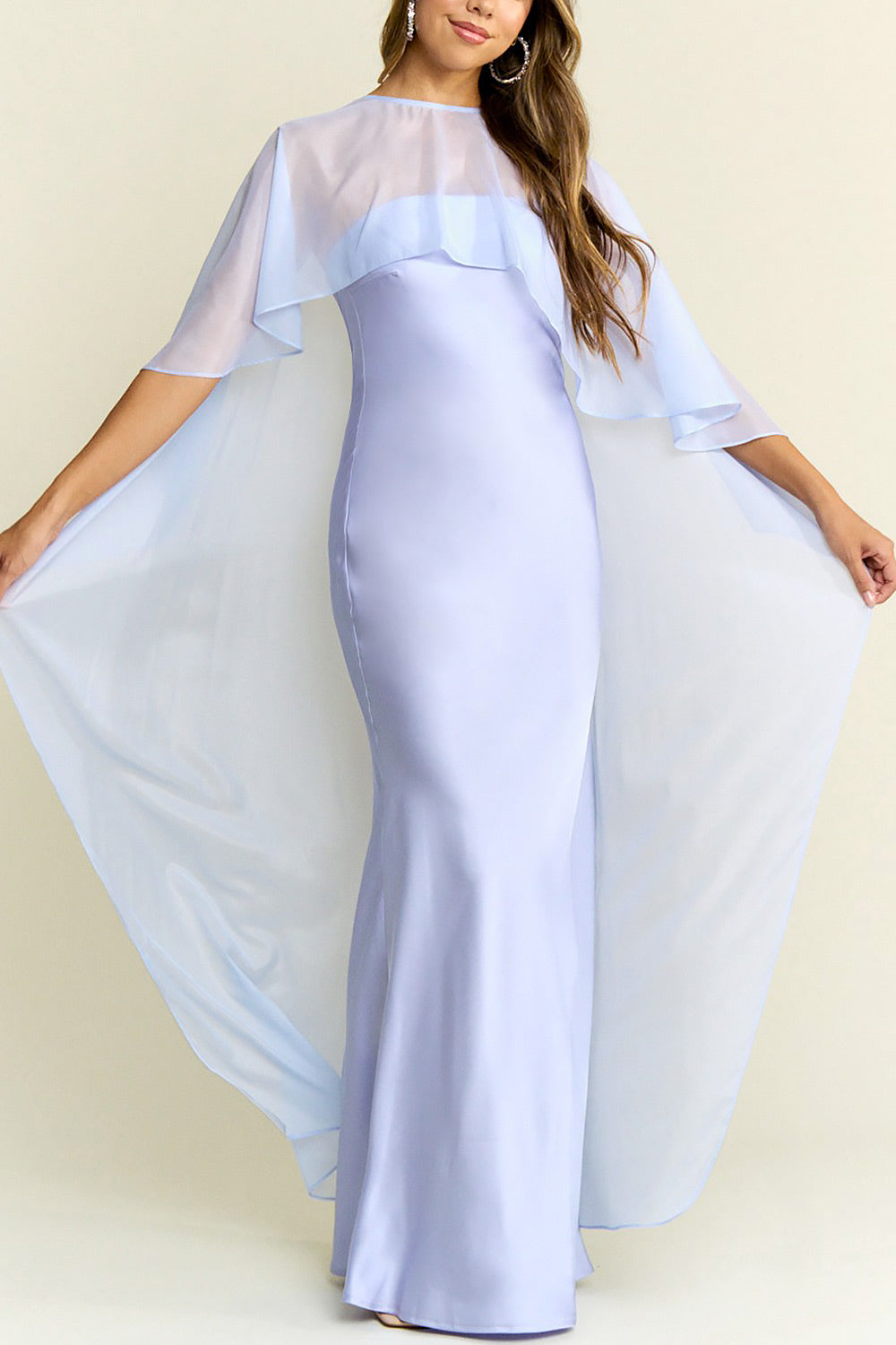 woman wearing Cathleen Lavender Fitted Strapless Satin Maxi Dress from Boutique 1861