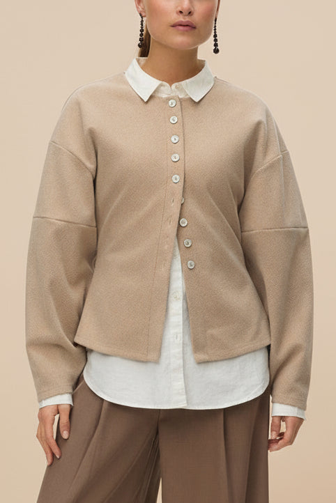 Ceduna Beige Button-Up Flared Cardigan | La petite garçonne front model