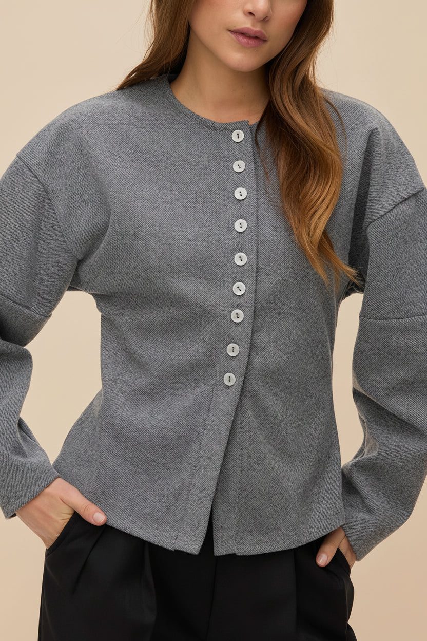 Ceduna Grey Button-Up Flared Cardigan | La petite garçonne front model