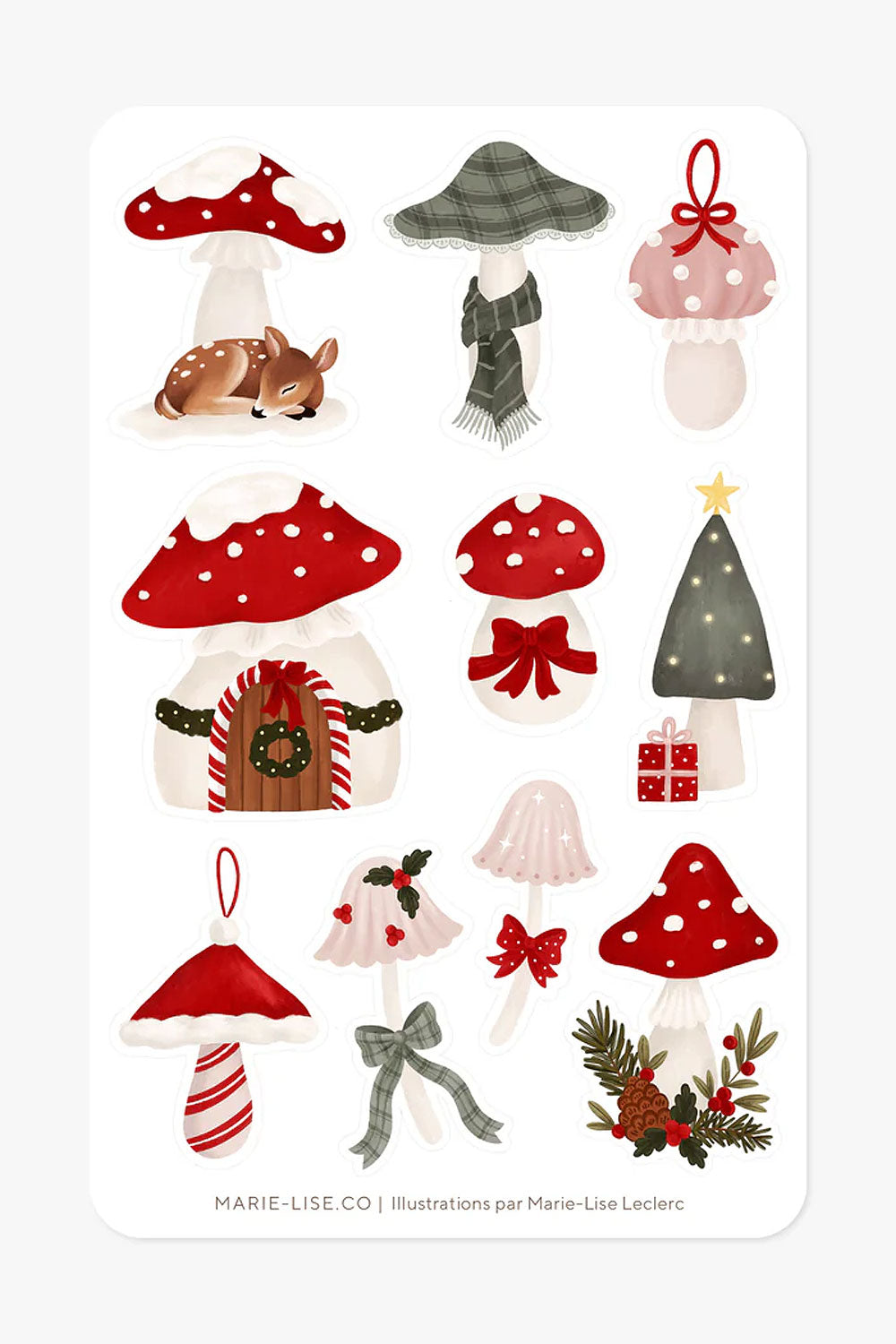 Sheet of Christmas-themed stickers with various mushroom designs from Marie Lise illustration
