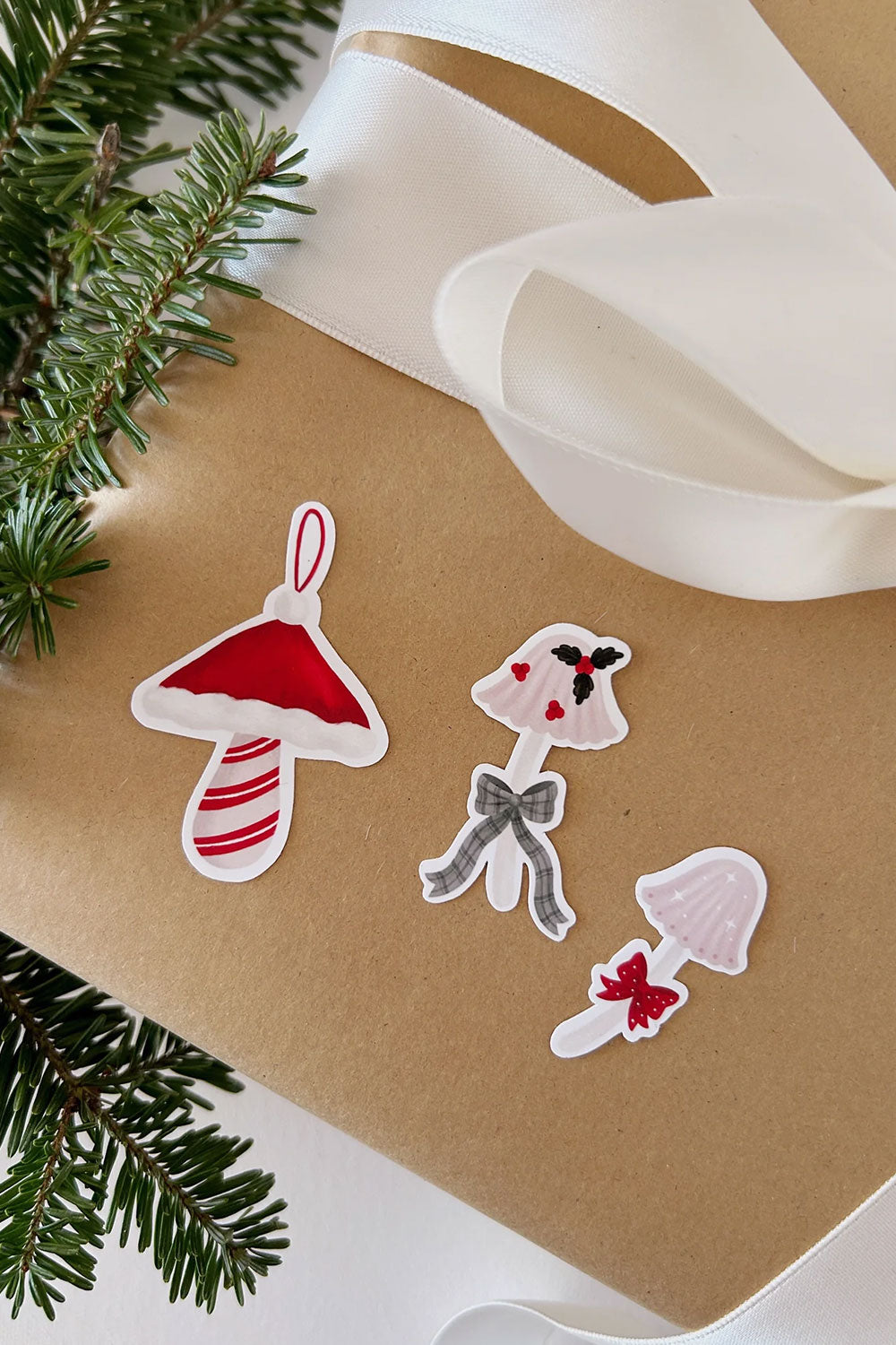 Christmas-themed stickers with various mushroom designs from Marie Lise illustration