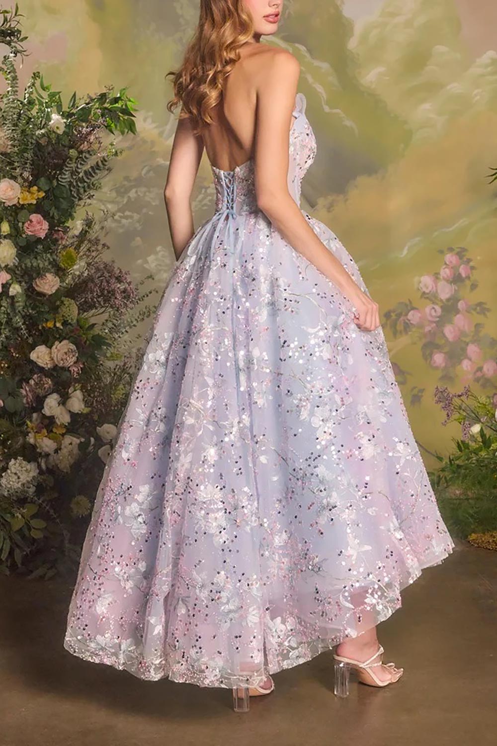 back of a woman wearing Charla Light Blue Midi Corset Dress from Boutique 1861