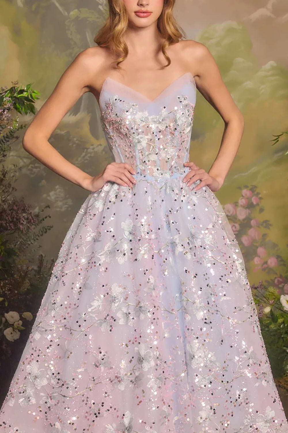 close-up of a woman wearing Charla Light Blue Midi Corset Dress from Boutique 1861