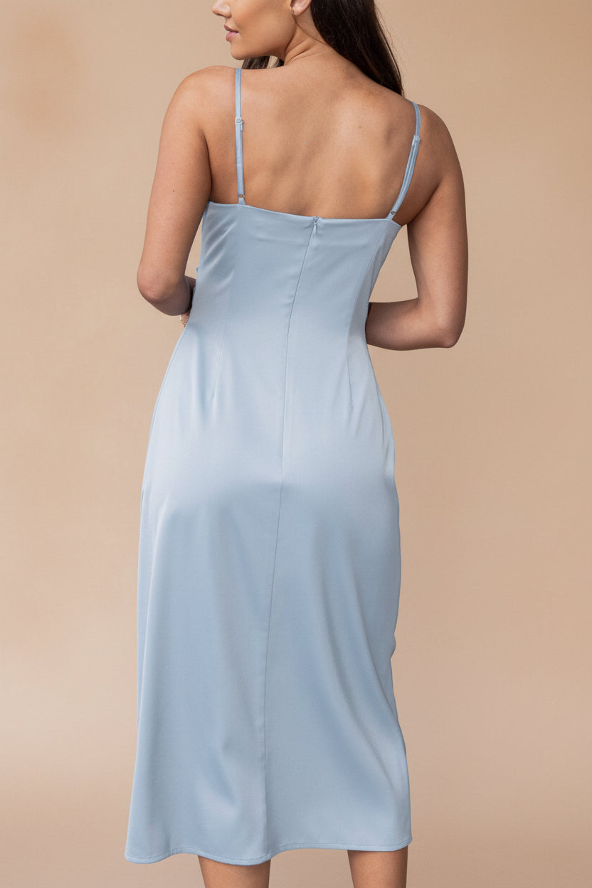 back of a woman wearing Chloe Light Blue Cowl Neck Satin Midi Slip Dress from Boutique 1861