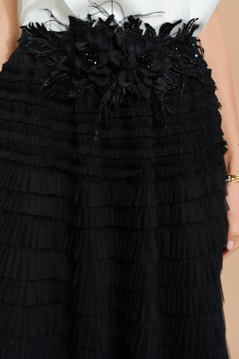 Christabel Black Ruffled Maxi Skirt with 3D Flowers | Boutique 1861 details