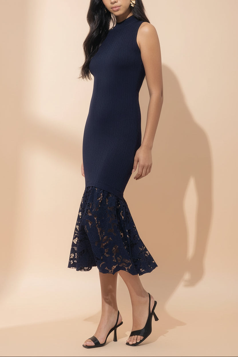 side of women wearing Christie Sleeveless Navy Midi Dress with Lace from Boutique 1861
