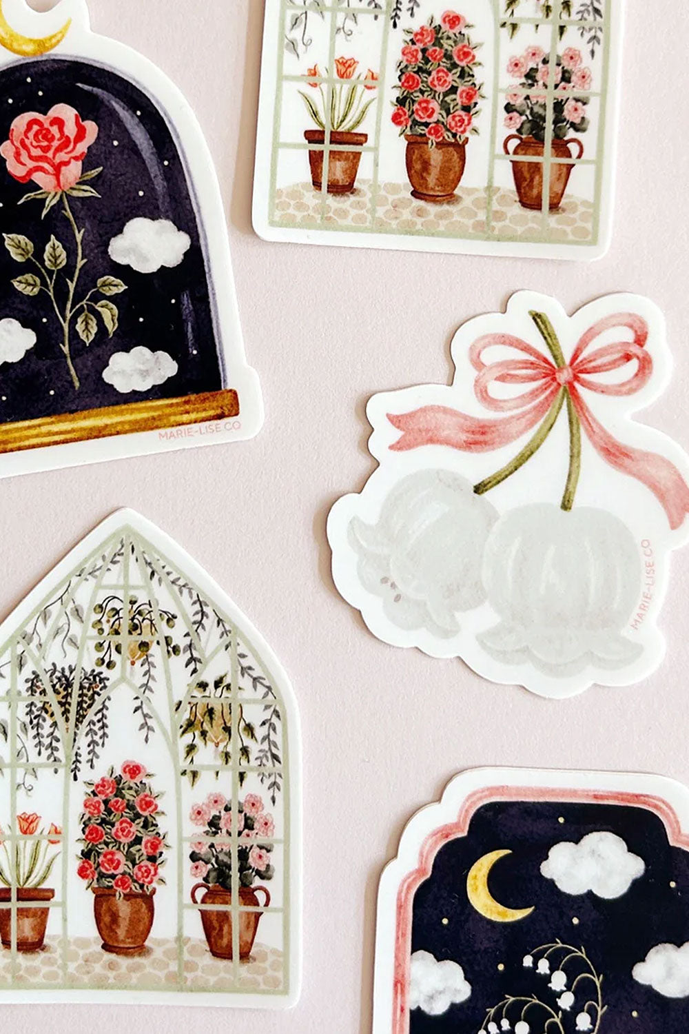 Collection of decorative stickers with floral and celestial designs from Marie-Lise