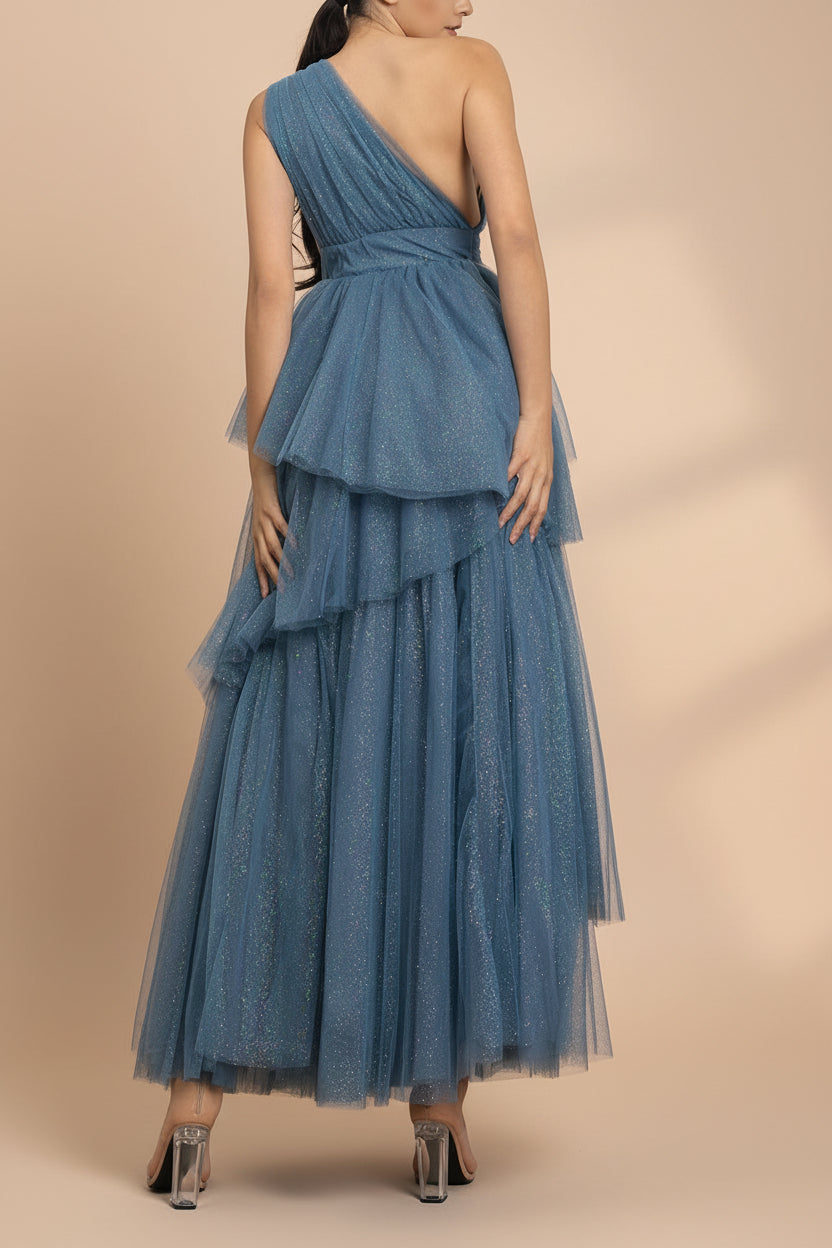 back of a woman wearing Cody Blue Grey Maxi One Shoulder Dress with Glitters from Boutique 1861