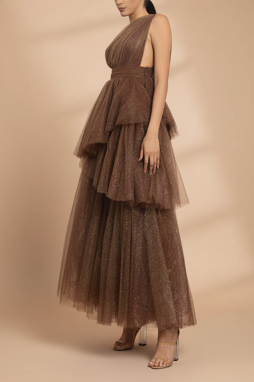 a woman wearing Cody Brown Maxi One Shoulder Dress with Glitters from Boutique 1861