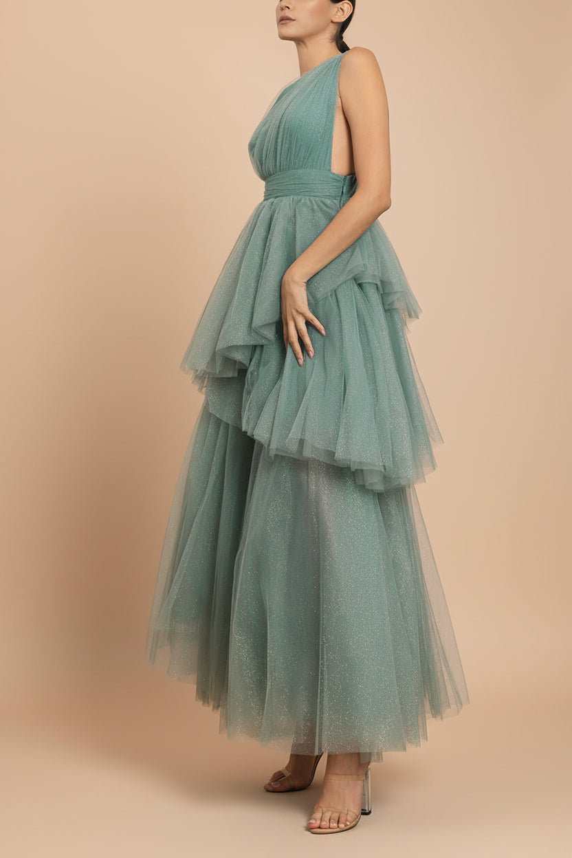 a woman wearing Cody Teal Maxi One Shoulder Dress with Glitters from Boutique 1861