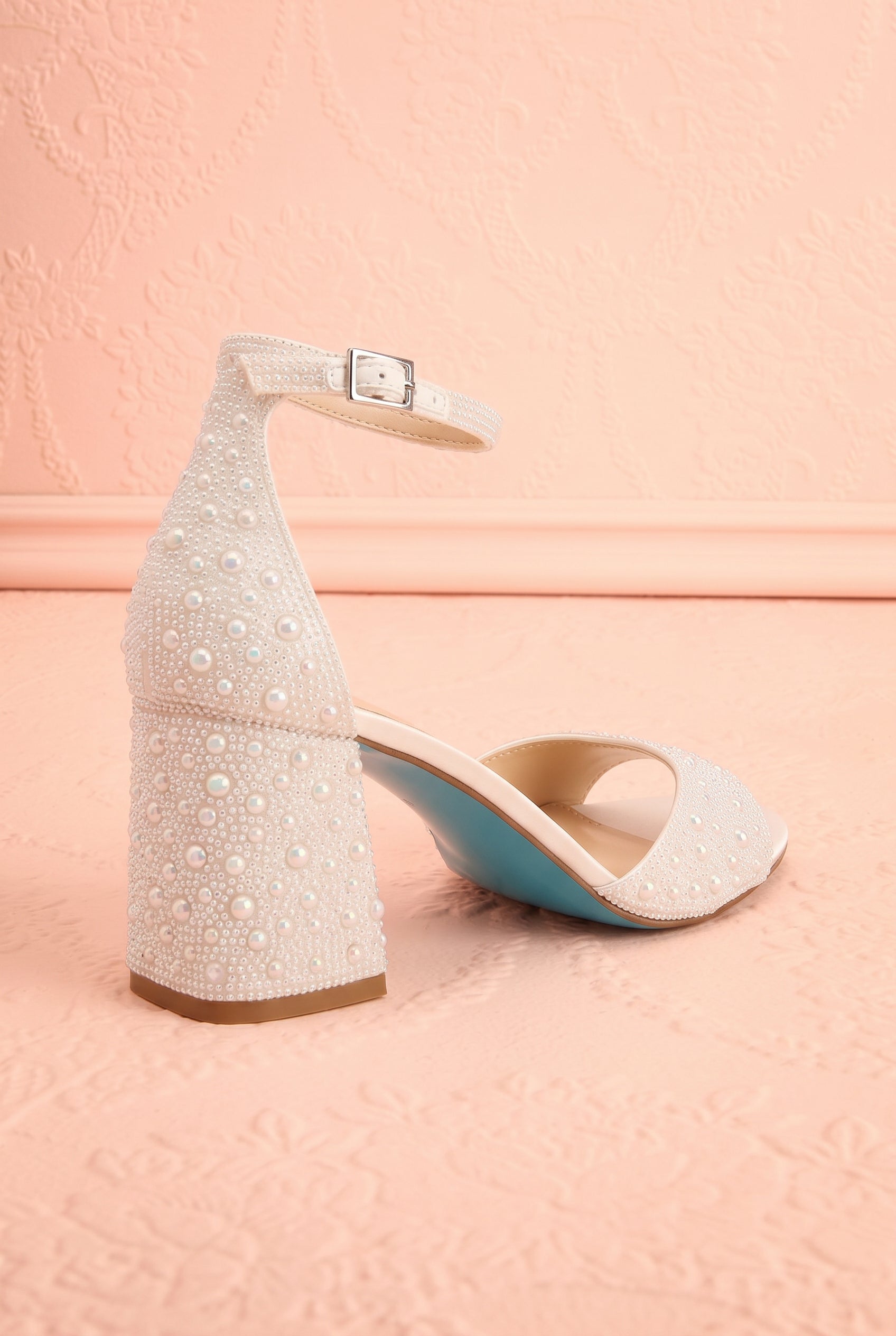 Back profile Cornelian Ivory Rhinestone Block Heel Sandals from Betsey Johnson at boudoir 1861
