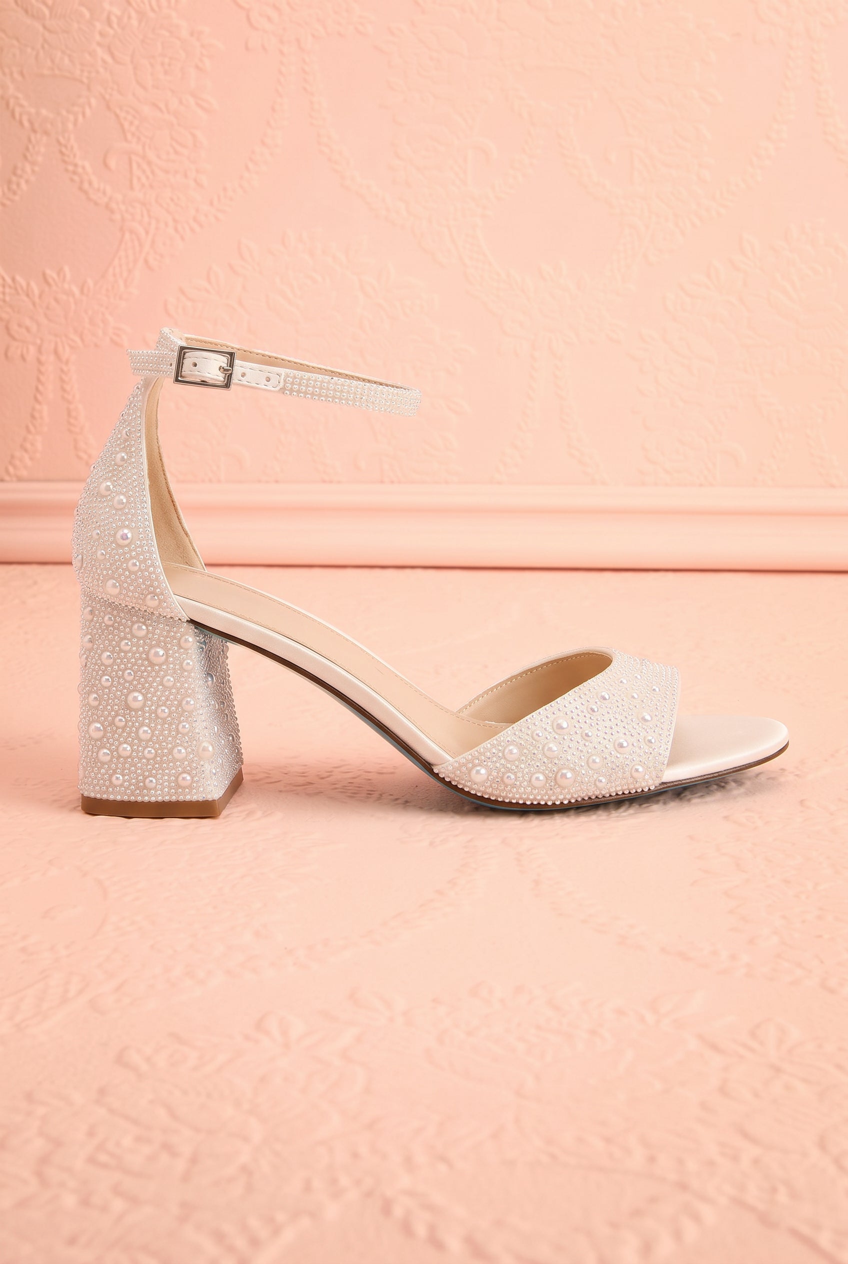 Side View Cornelian Ivory Rhinestone Block Heel Sandals from Betsey Johnson at boudoir 1861