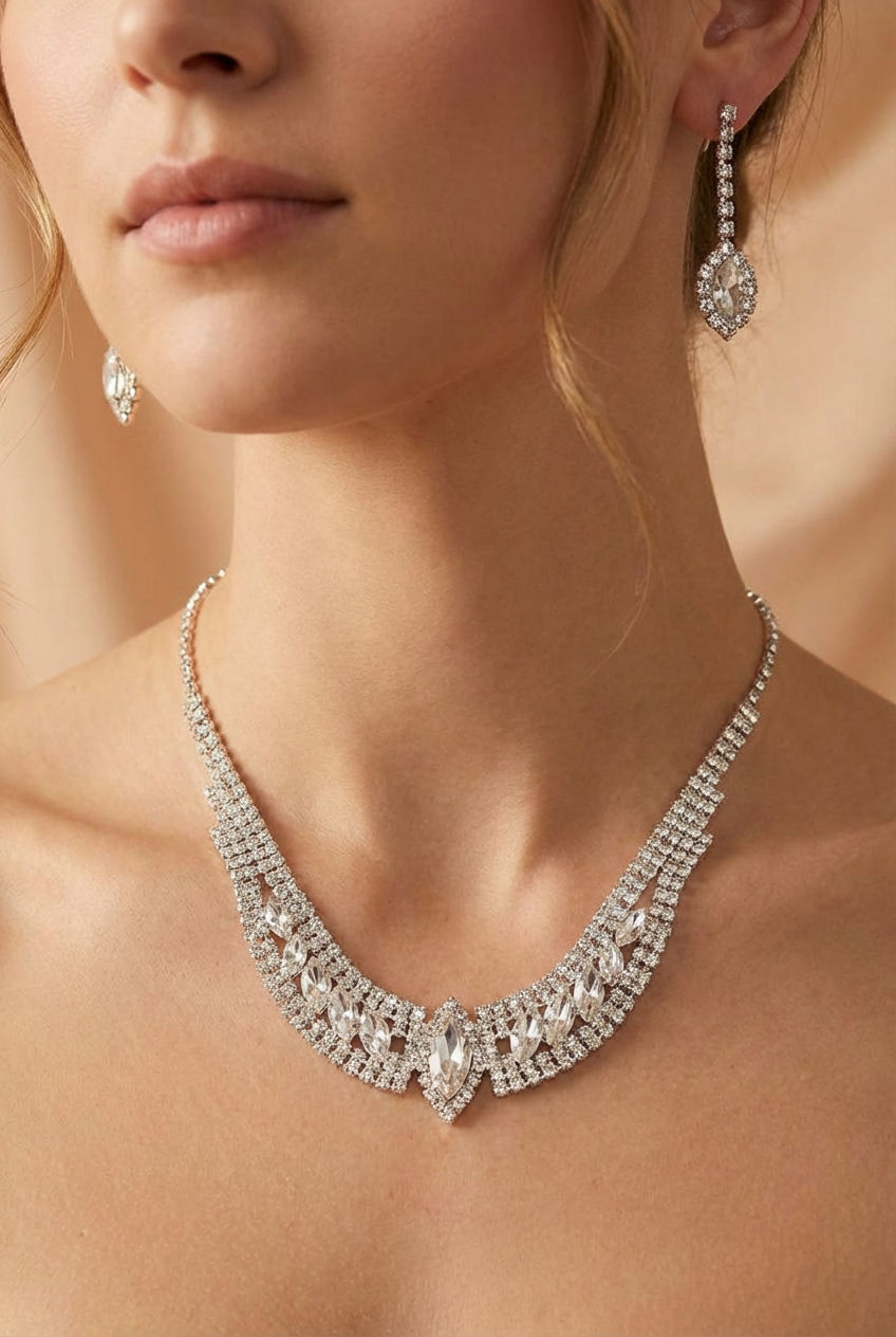 Woman wearing a sparkling 2-piece marquise-cut crystal linked earring and necklace set named Costanza from boutique 1861