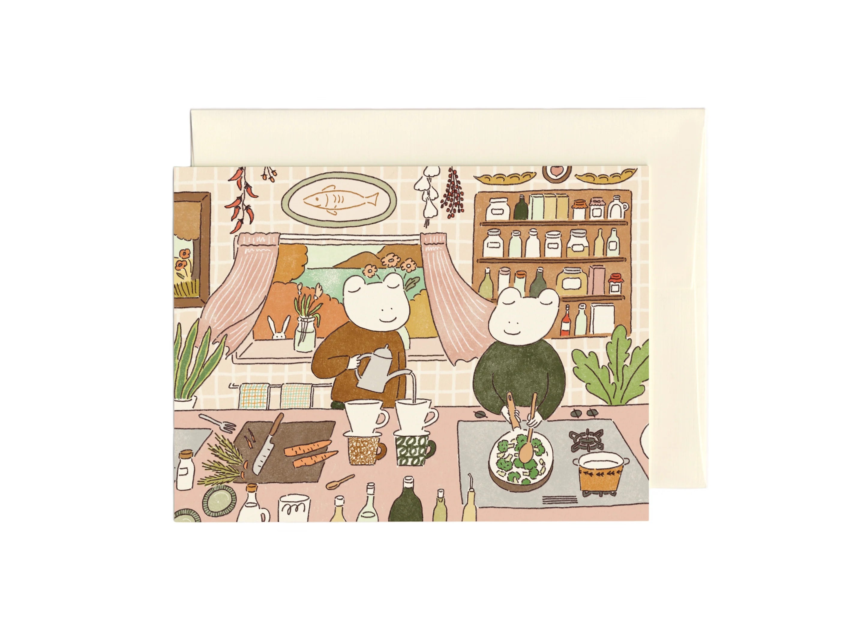 Illustration on a card of two frogs in a kitchen with various items on the counter.