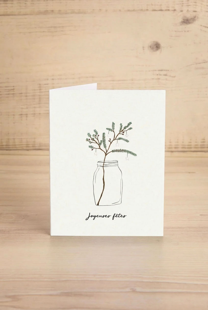 Christmas Card from Mimi & August with a drawing of a mason jar with branches and 'Joyeuses fêtes' text