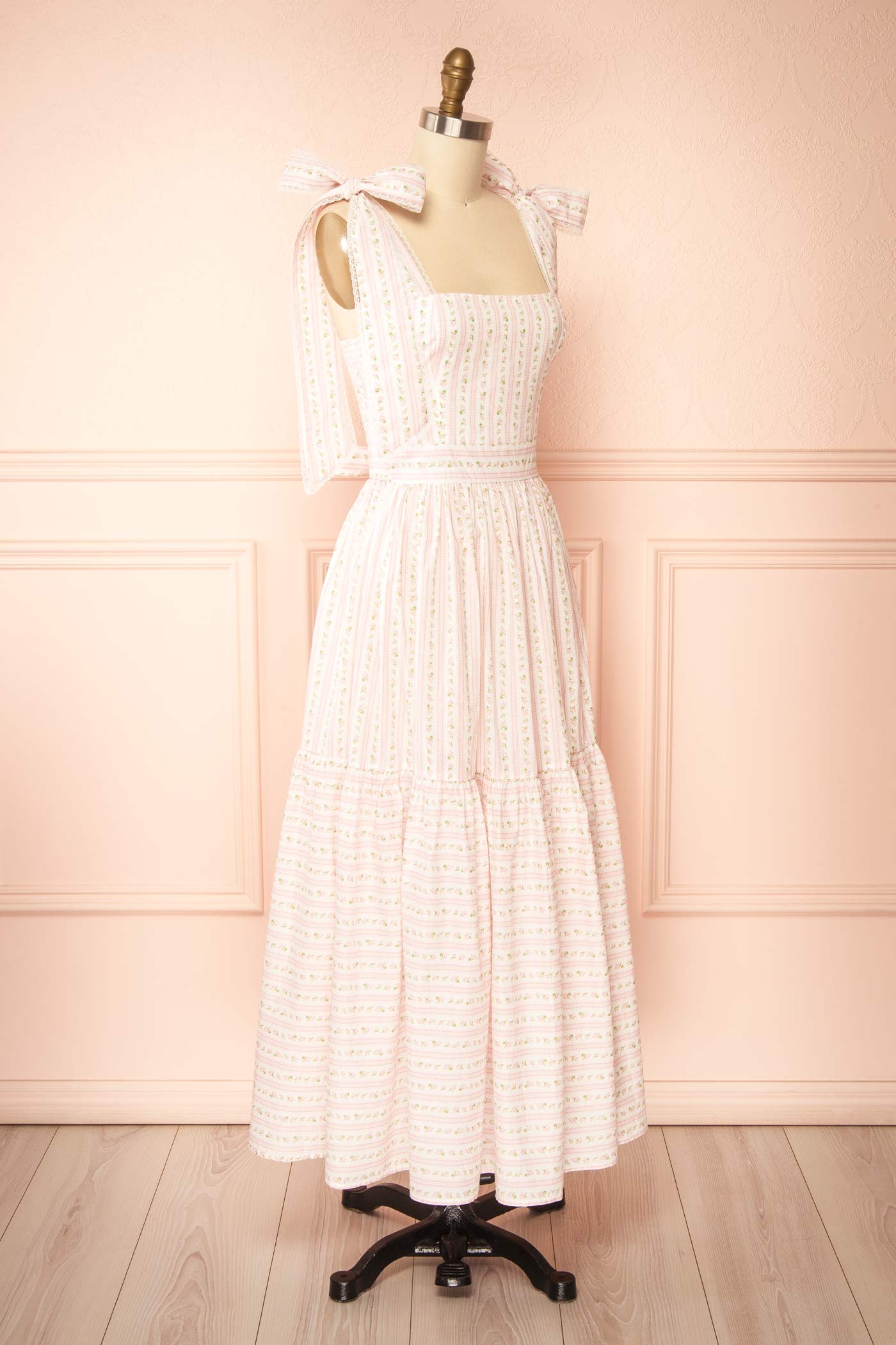 Clarelle Pink Tiered Floral Midi Dress | Boutique 1861 side view