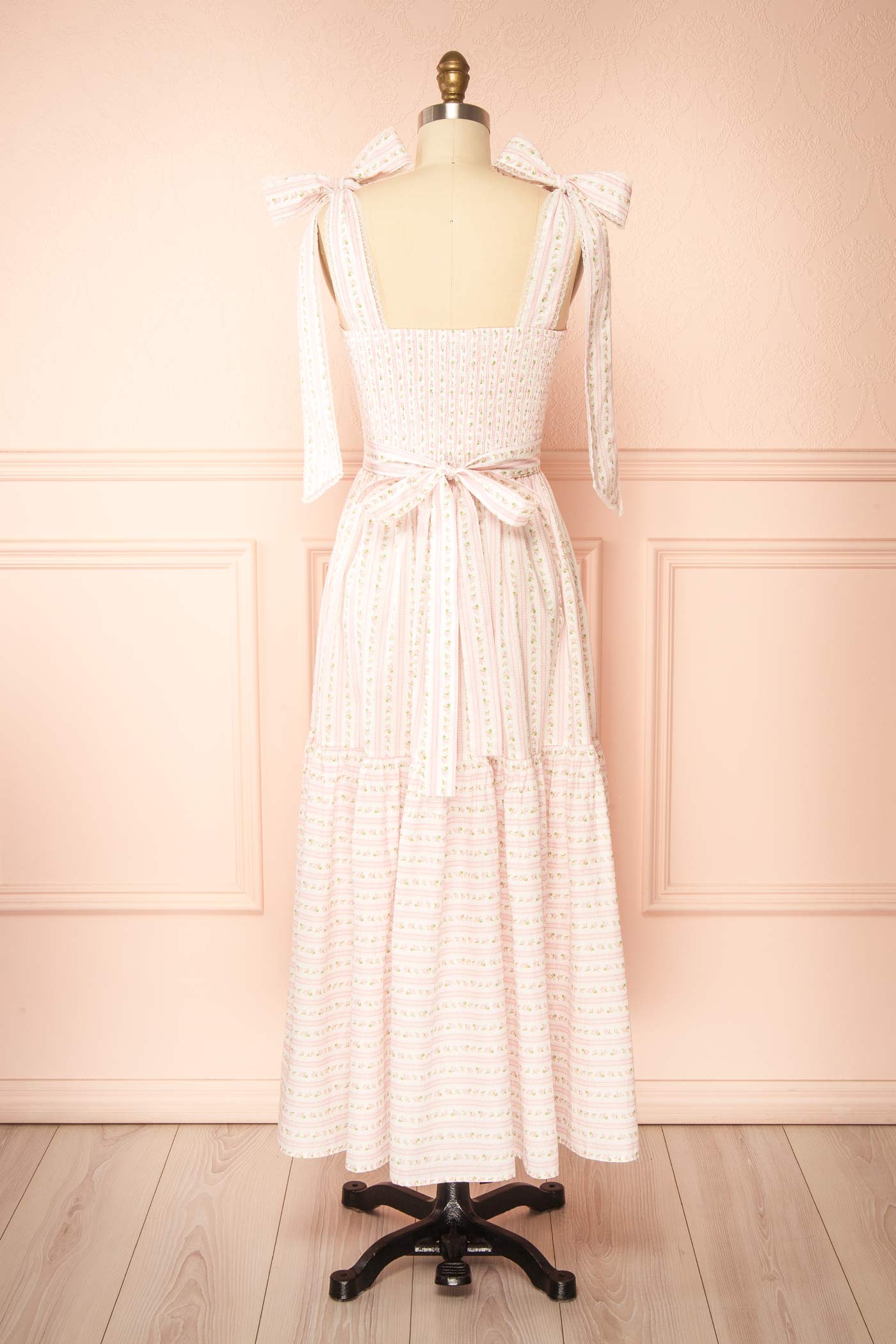 Clarelle Pink Tiered Floral Midi Dress | Boutique 1861 back view