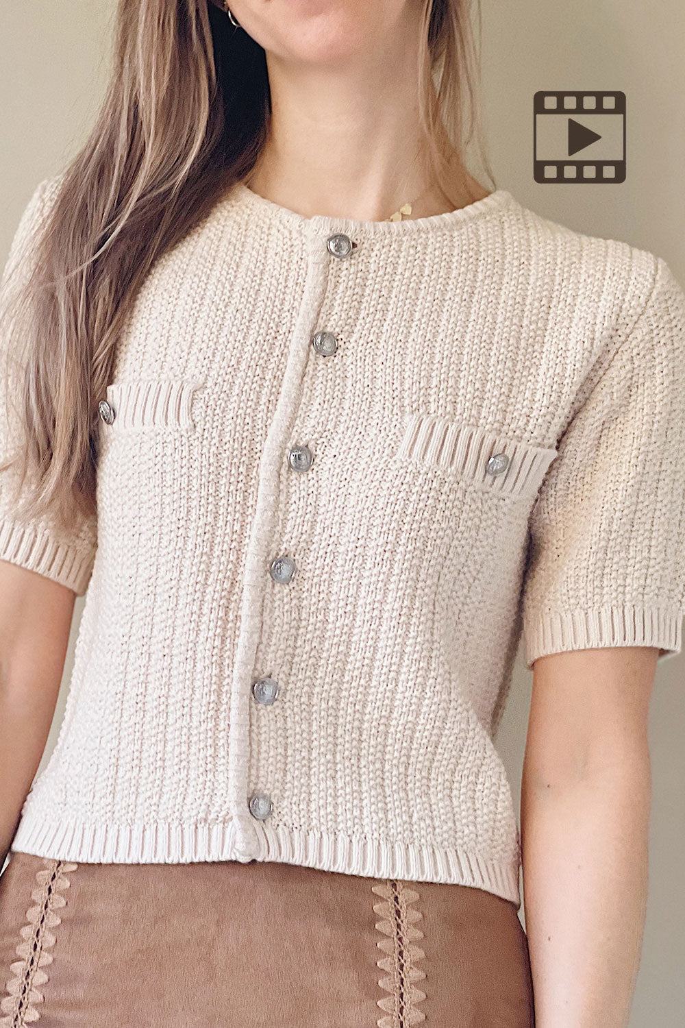 Woman wearing Cairns Beige Knitted Button-Down Top from La petite garçonne