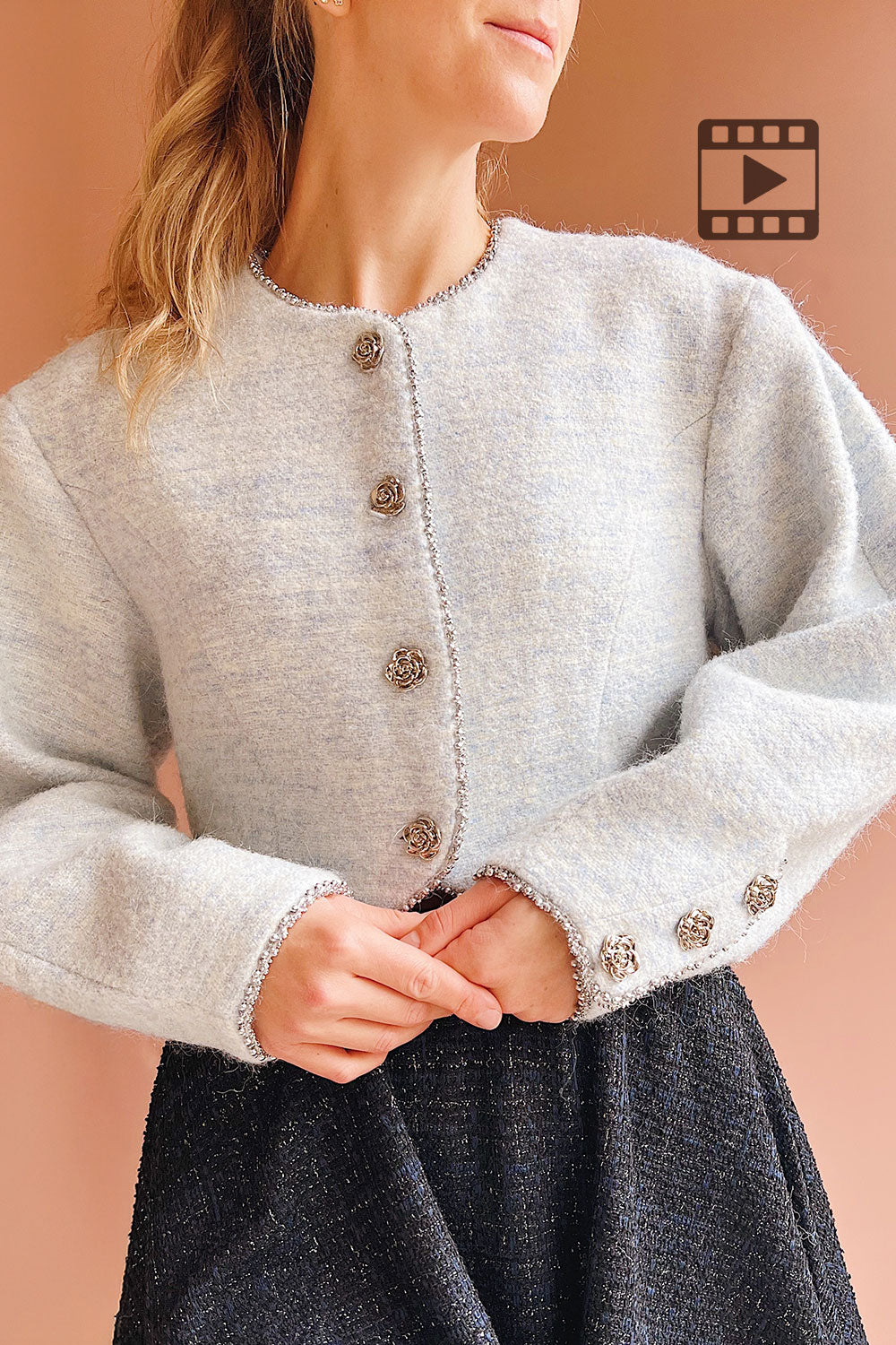 Person wearing Cendrine Blue Tweed Blazer from Boutique 1861