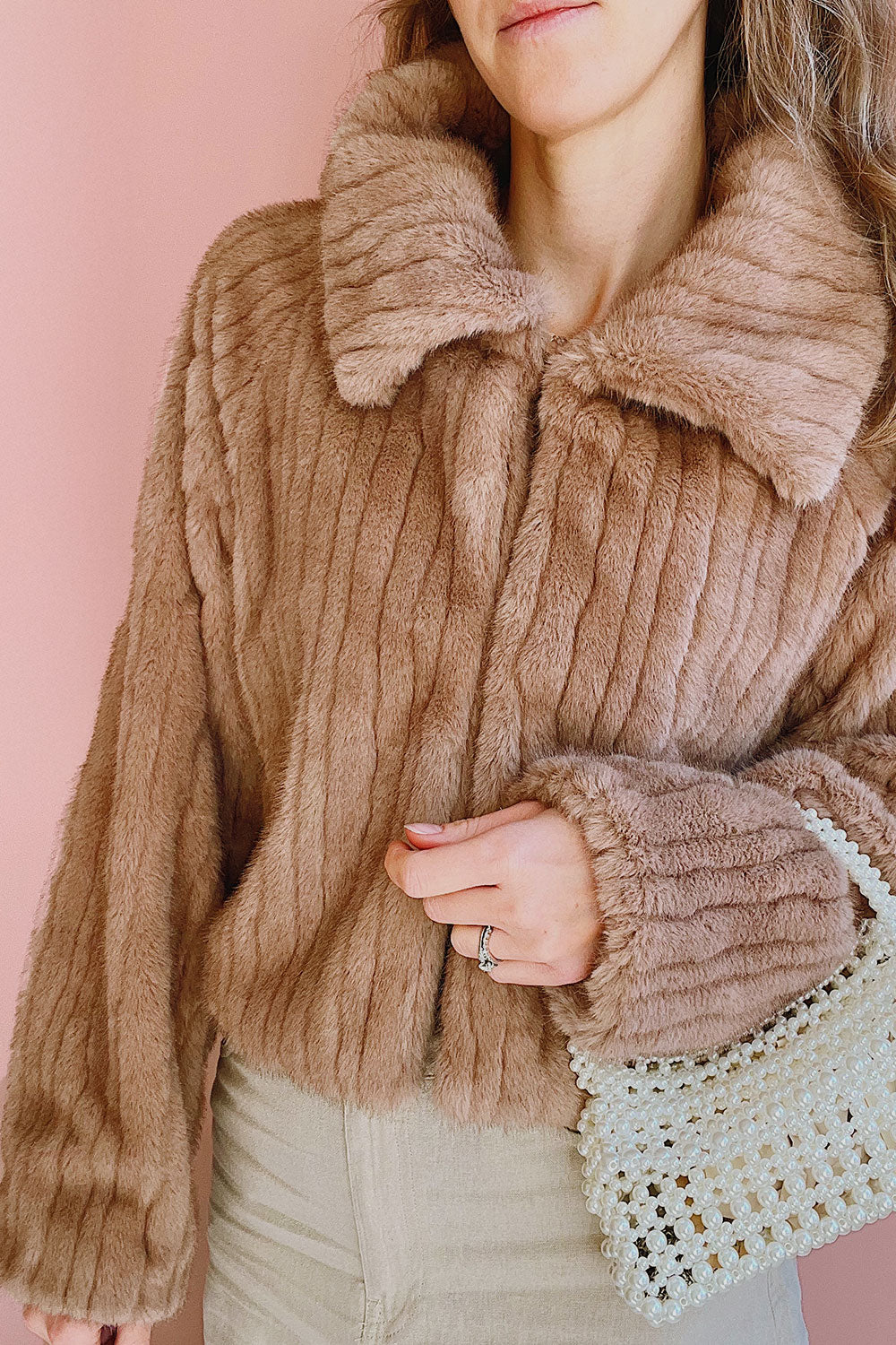 Woman wearing Elida Caramel Short Fake Fur Coat from Boudoir 1861