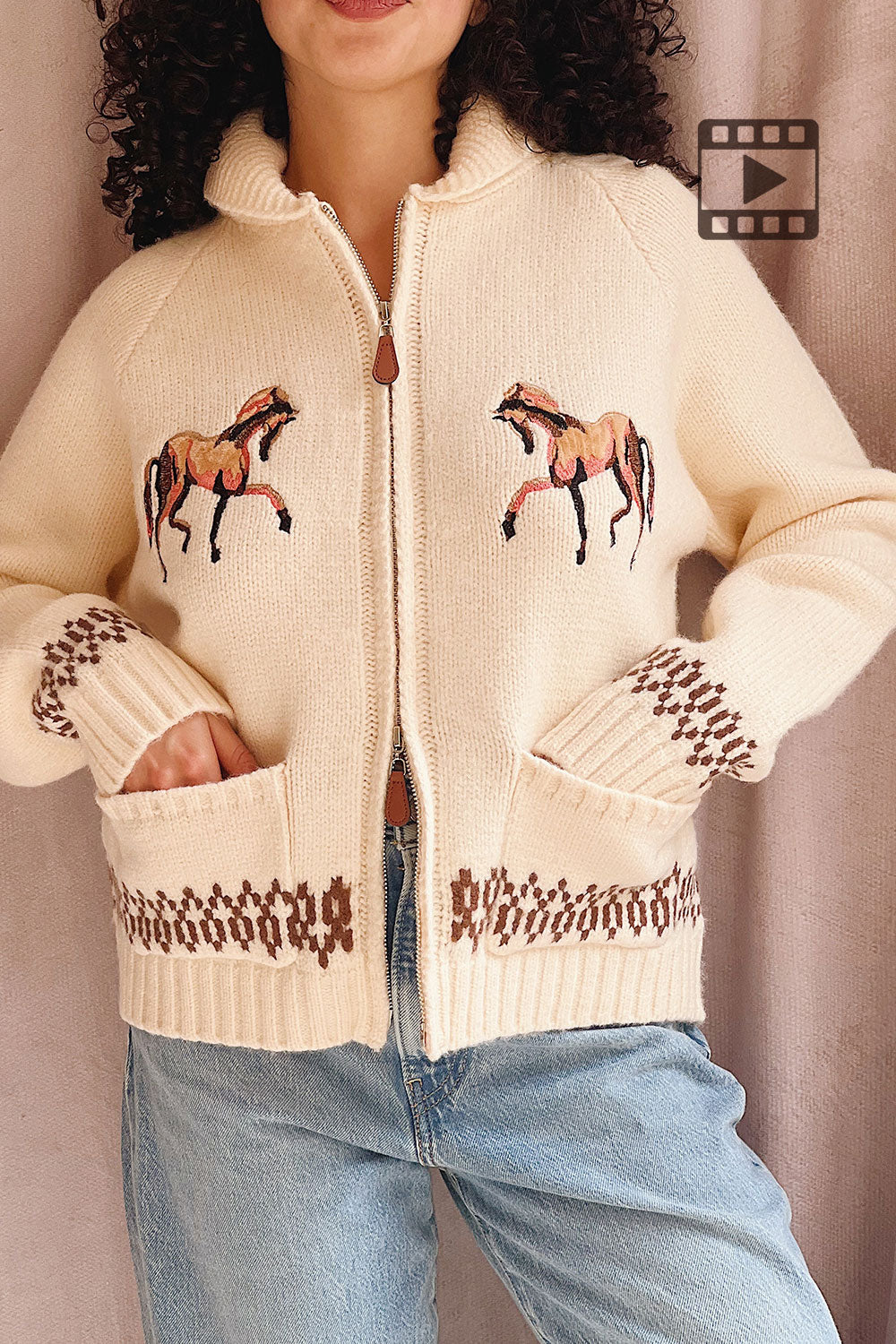 Person wearing Flicka Zip-Up Jacket with Embroidered Horses from La petite garçonne