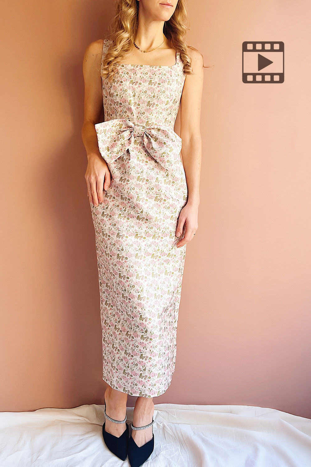 Woman wearing Maram Long Floral Dress with Bow from Boutique 1861