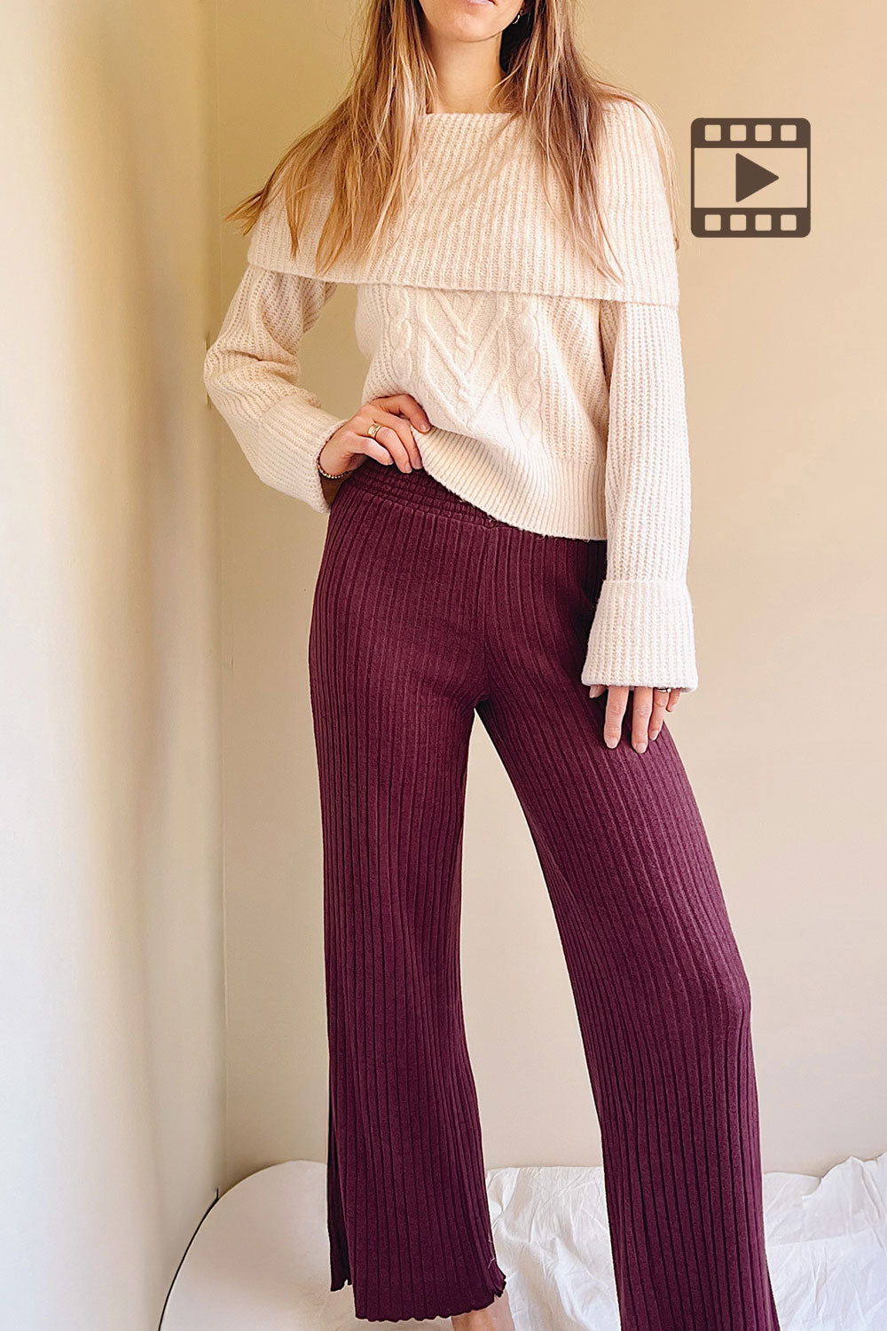 Woman wearing Ravyn Burgundy Soft Ribbed Knit Pants from La petite garçonne