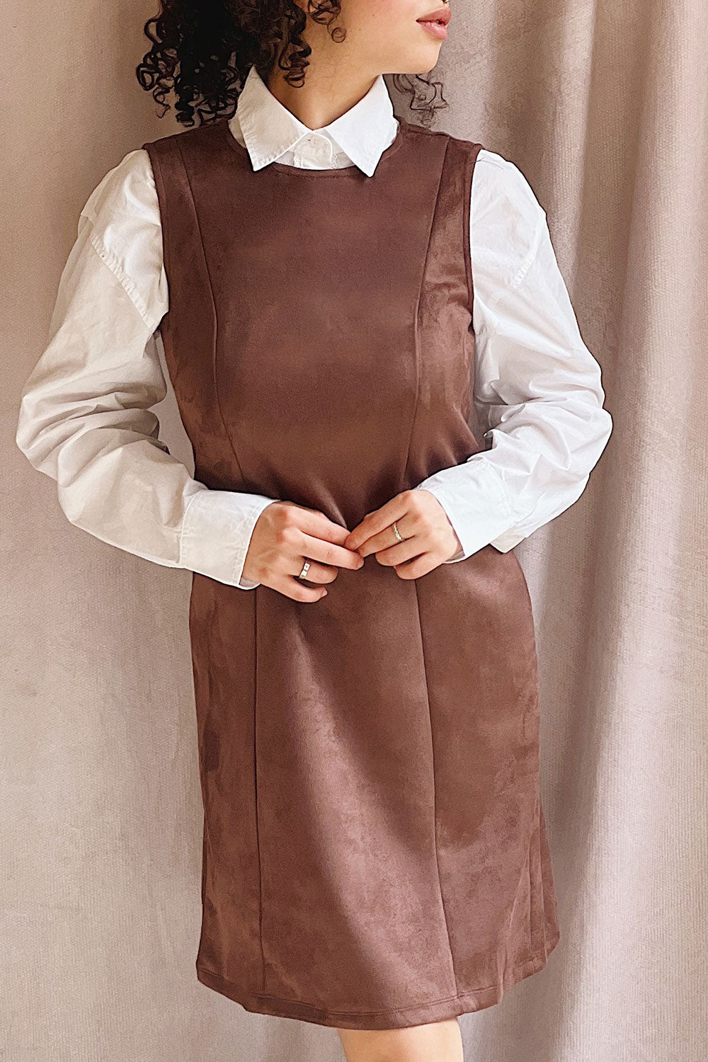 Person wearing Tilche Brown Short Suede Dress from La petite garçonne