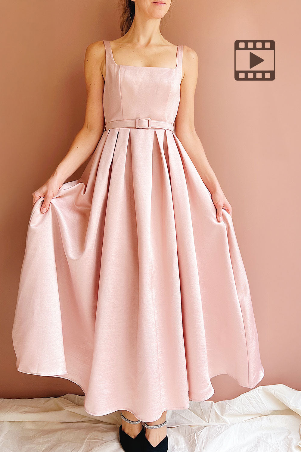 Person wearing Usagi Pink A-Line Dress with Square Neckline with Belt from Boutique 1861