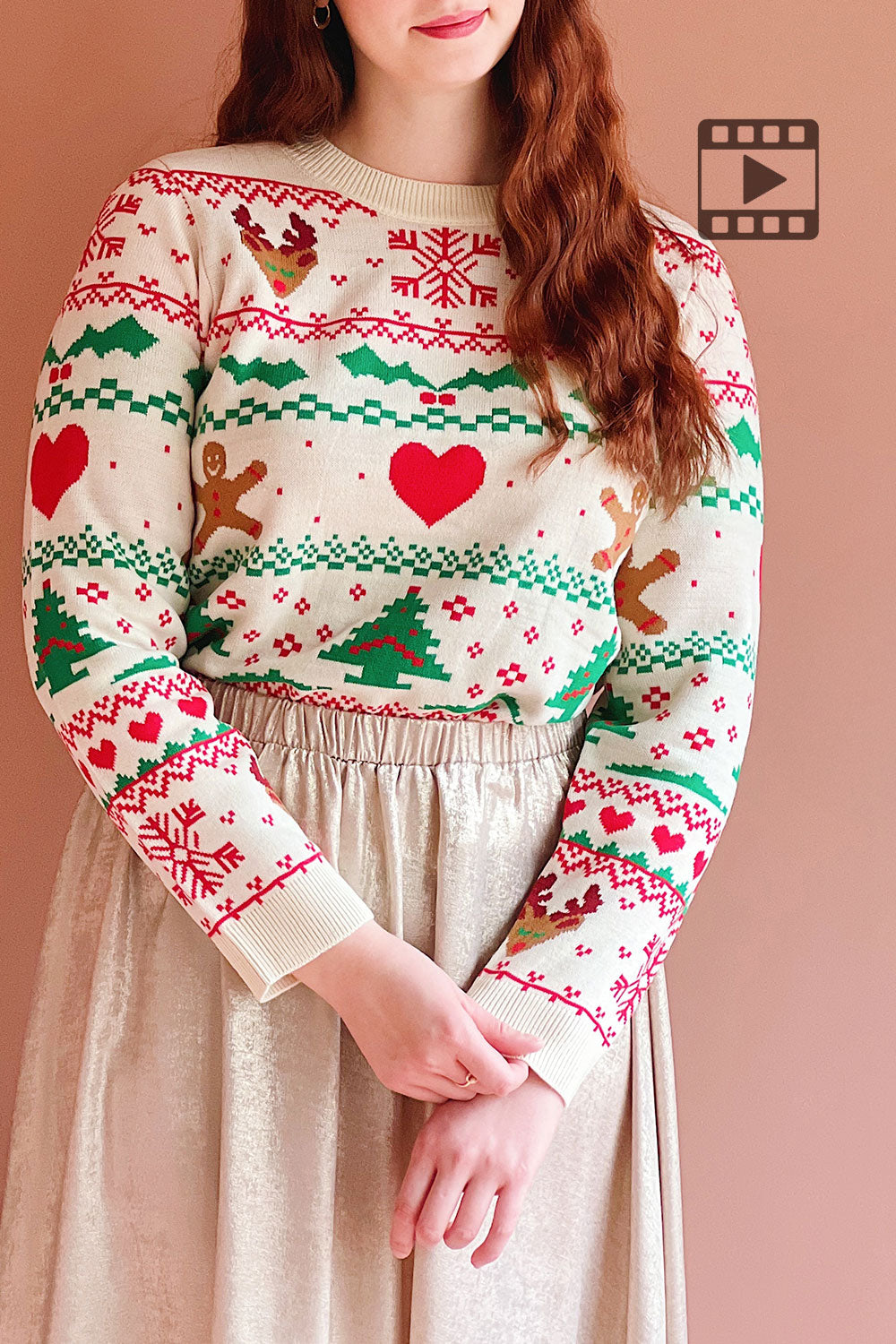 Woman wearing Yule, a Festive Colourful Christmas Sweater from boutique 1861
