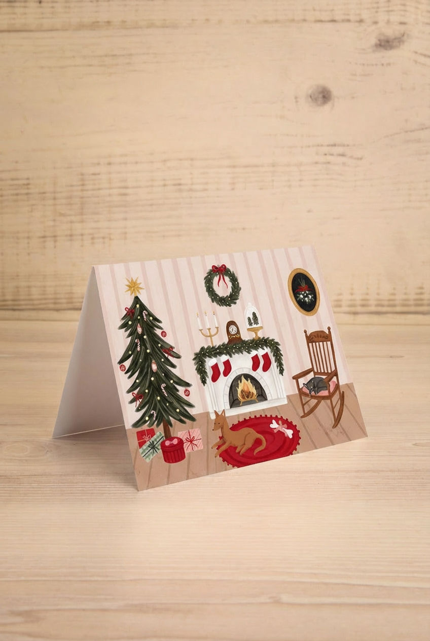 Christmas-themed greeting card with a fireplace, tree, and stockings from Marie-Lise illustration