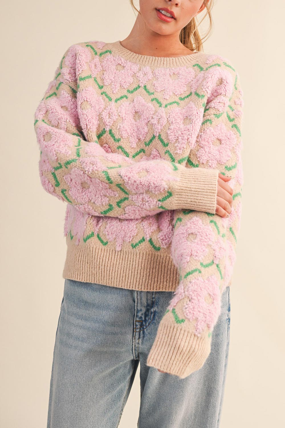 front of a woman wearing Dalhousie Beige Knit Sweater with Fuzzy Floral Pattern from La petite garçonne