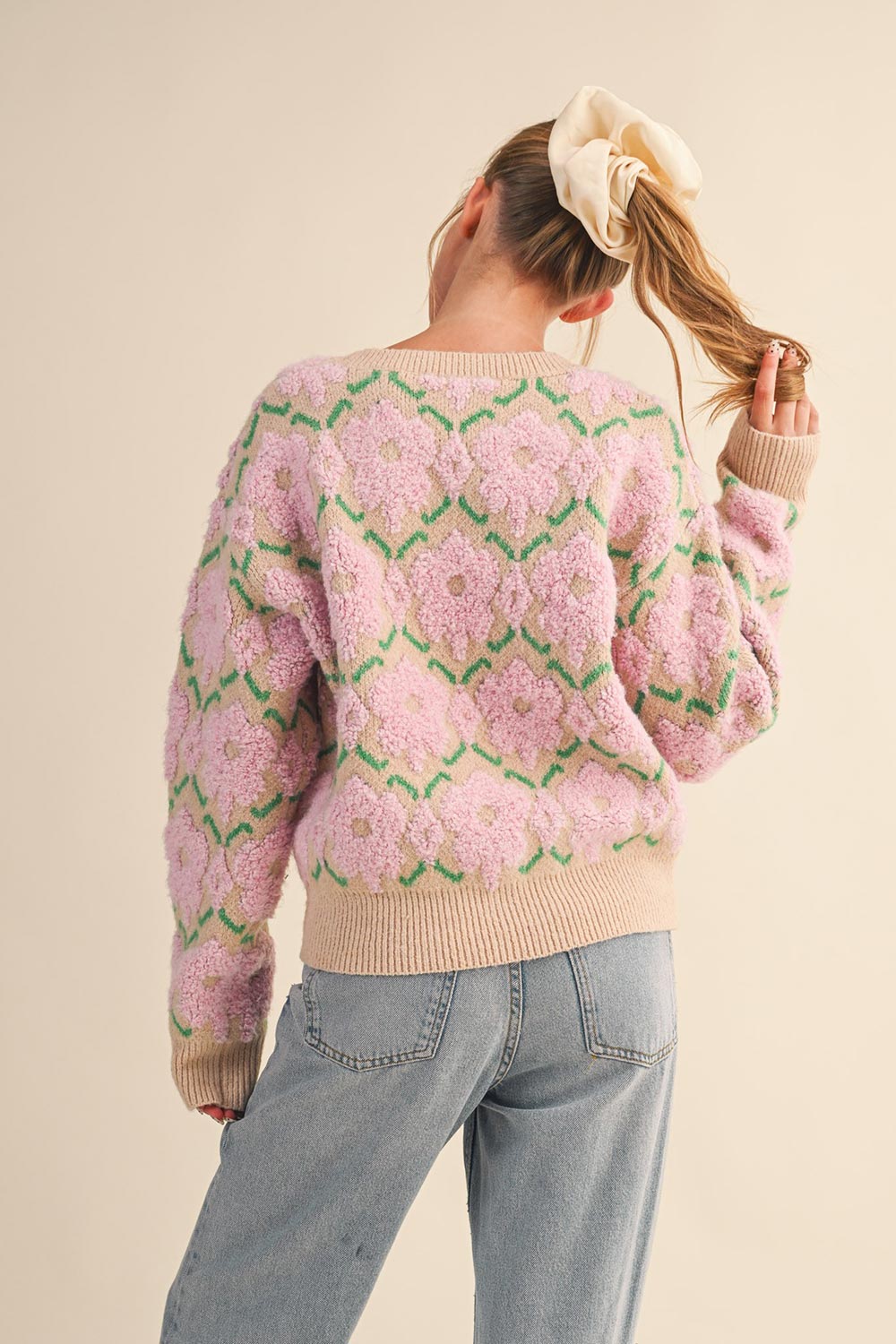 back of a woman wearing Dalhousie Beige Knit Sweater with Fuzzy Floral Pattern from La petite garçonne