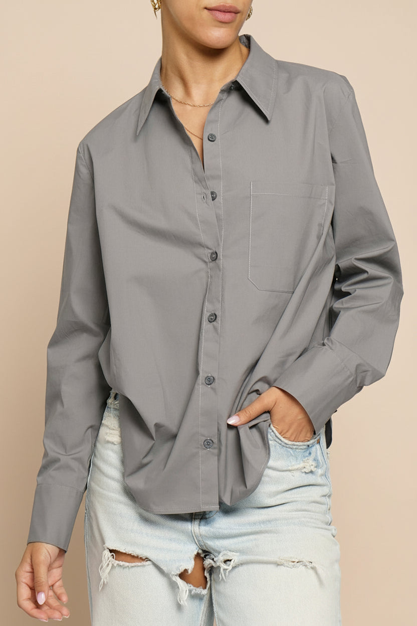 Dametera Buttoned-Up Loose Grey Shirt | La petite garçonne front model