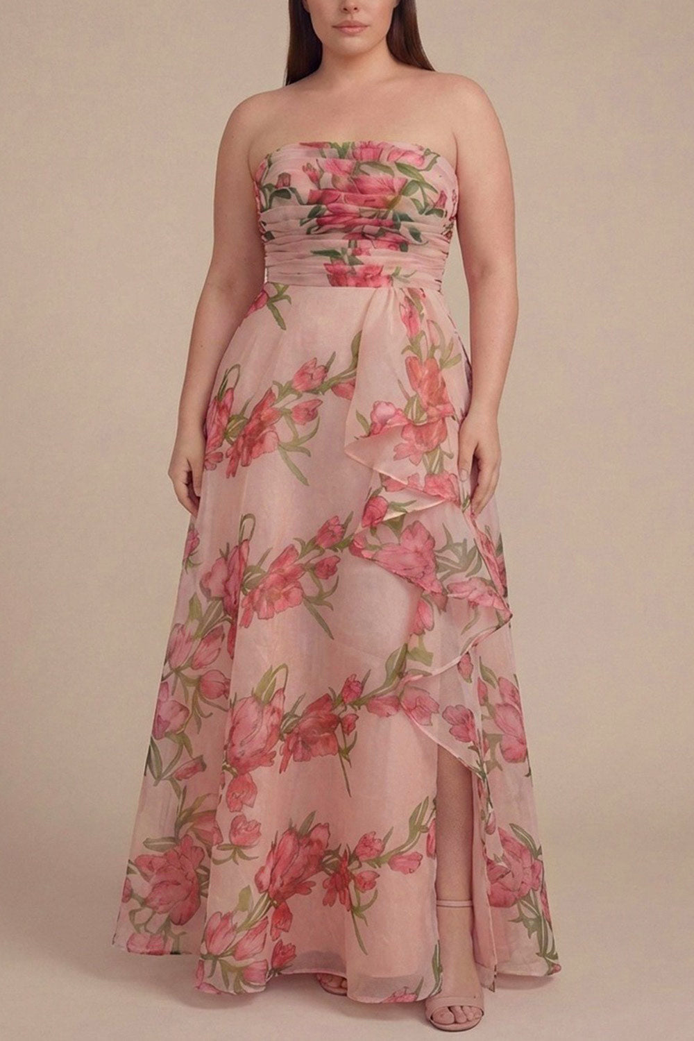 front of a plus size woman wearing Delora Floral Organza Ruffled Maxi Dress with Front Slit and Lace-Up Corset from Boutique 1861