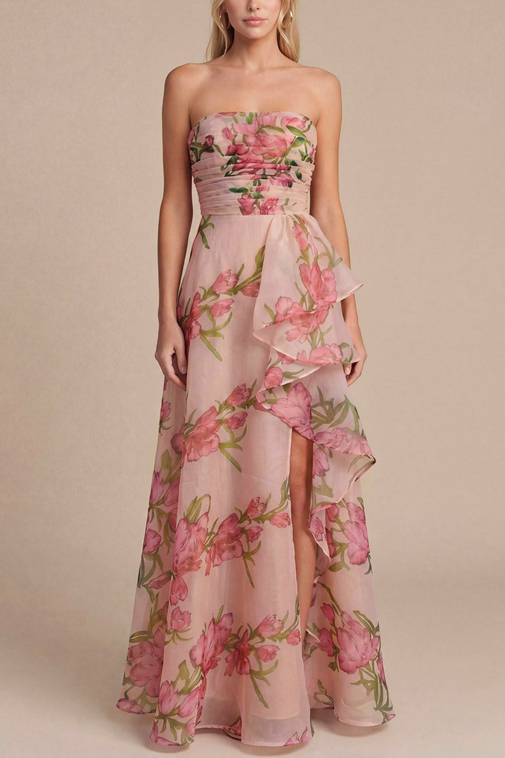 front of a woman wearing Delora Floral Organza Ruffled Maxi Dress with Front Slit and Lace-Up Corset from Boutique 1861