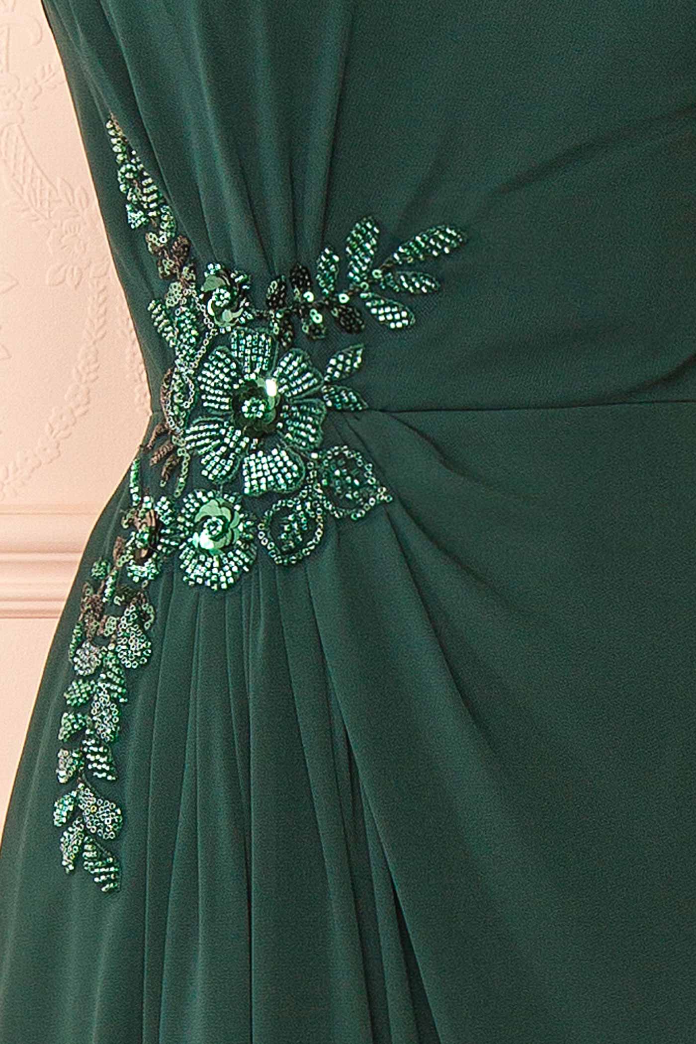 Devica Green One-Shoulder Beaded Chiffon Maxi Dress | Boutique 1861 details